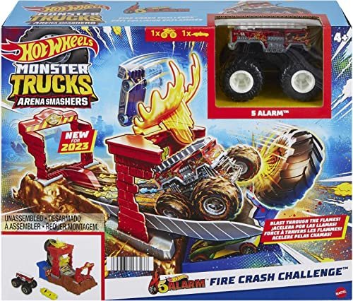 Hot Wheels Monster Trucks Playset & Toy Truck, Arena Smashers 5-Alarm Fire Crash Challenge, 1:64 Scale Firetruck & Crushable Car