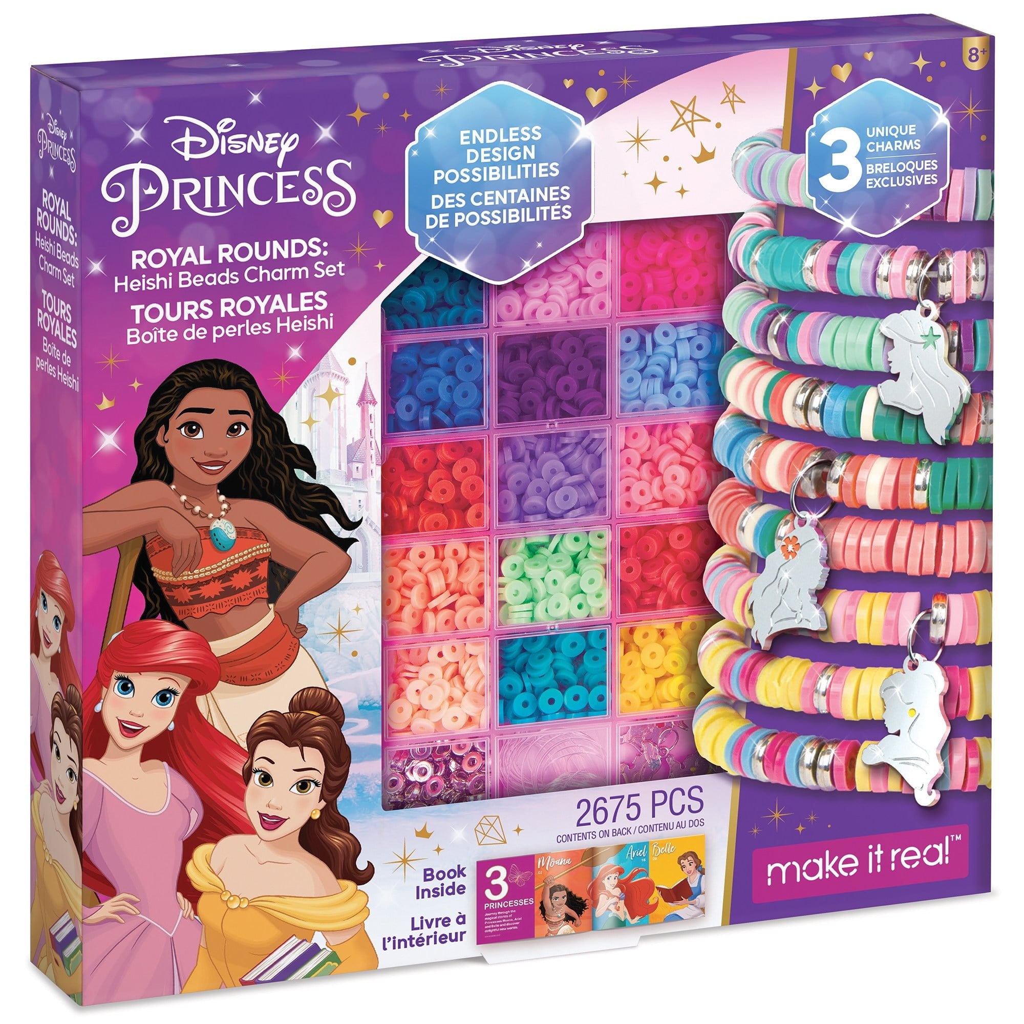 Disney Princess Royal Rounds: Heishi DIY Beads Charms Set - 2675 Pieces, Beads & Storage Container, Moana Belle Arielle, Tweens & Girls Ages 8+
