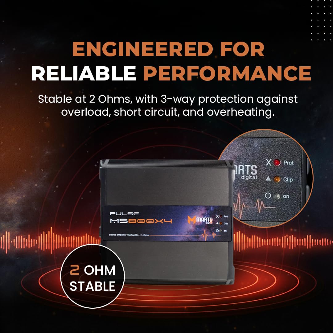 Marts Digital MS800X4 4 Channel Class D Amplifier | 800W RMS 2 Ohm | Full-Range Sound | High Efficiency | Low Heat Output | Compact Power Design | Bridge Channels | Car Audio Upgrade