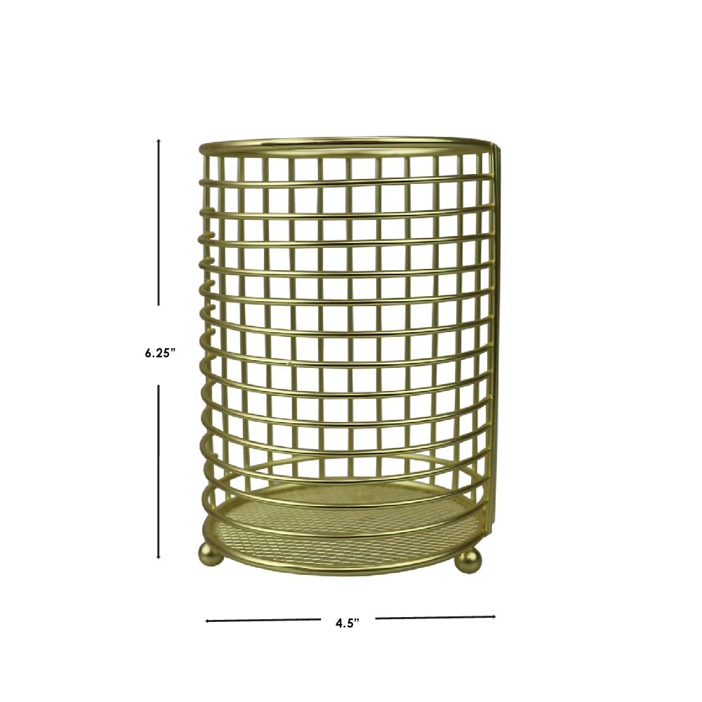 Home Basics Halo Steel Cutlery Holder with Mesh Bottom and Non-Skid Feet, 4.5" x 4.5" x 6.25", Gold