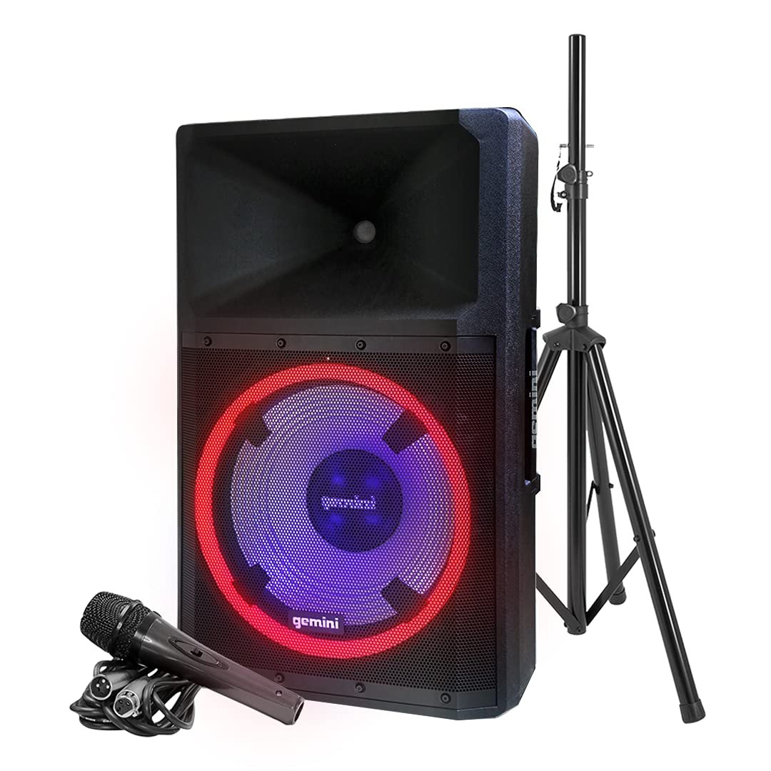 Gemini Sound GSP-L2200PK Indoor 2200 Watt Peak Bi-Amped Wired AC Powered Bluetooth DJ Speaker with 15" Inch Woofer, LED Party Lights, Built in Media Player, and Included Microphone and Speaker Stand