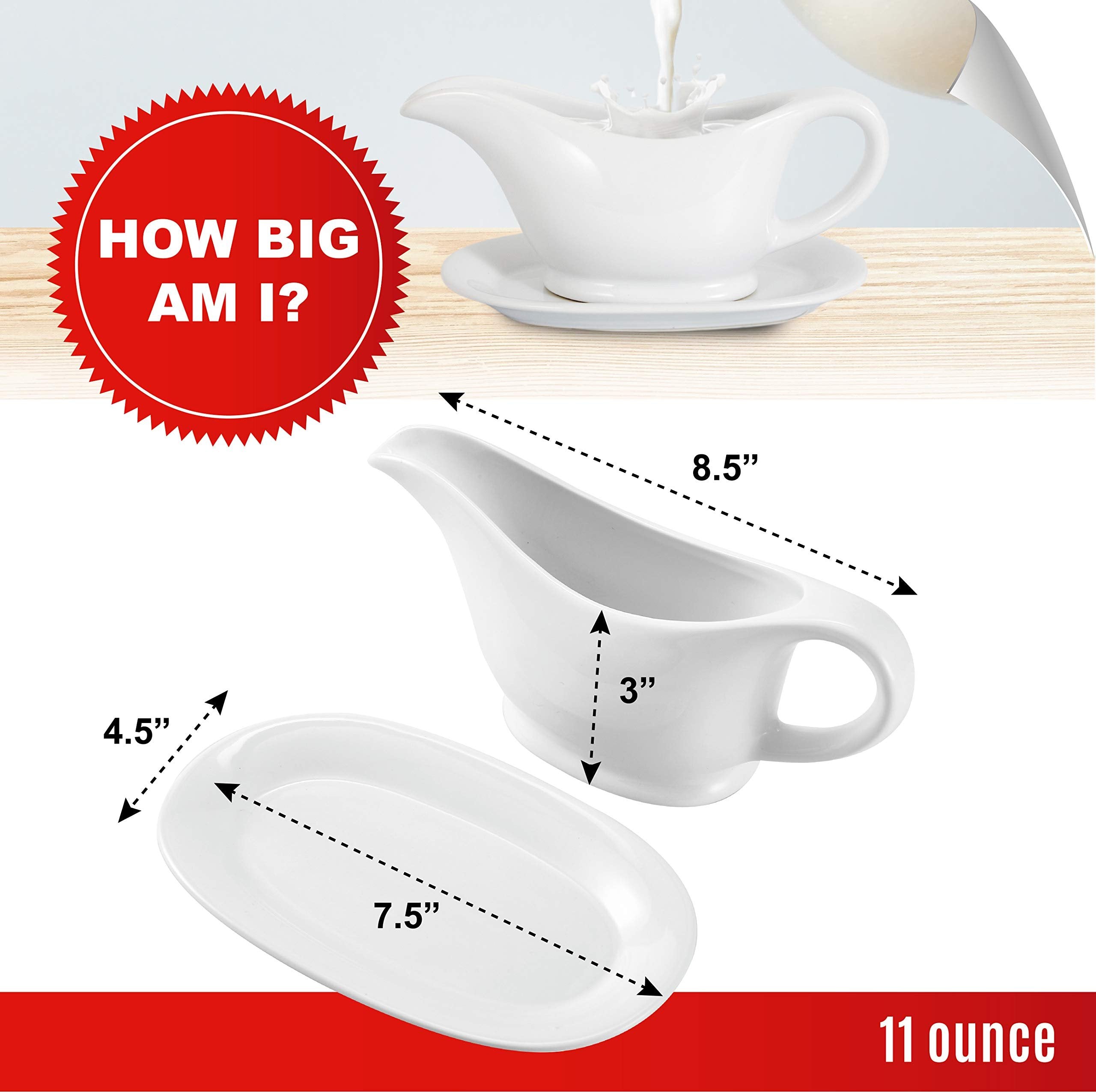 Bruntmor 11 Oz White Ceramic Gravy Boat With Tray, 11 Ounce Small Ceramic Serving Dish, Dispenser with Tray For Sauces, Gravy Boats With Saucer For Dinner