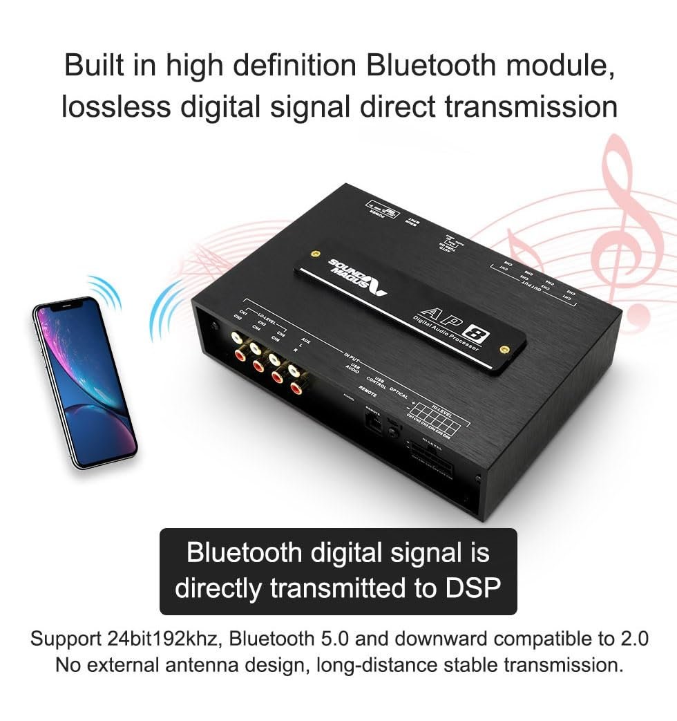 SOUND MAGUS AP8V3 8 Channel Pro DSP Bluetooth Vehicular Car Audio Digital Signal Processor Built-in Amplifier with RCA Inputs and Control Interface