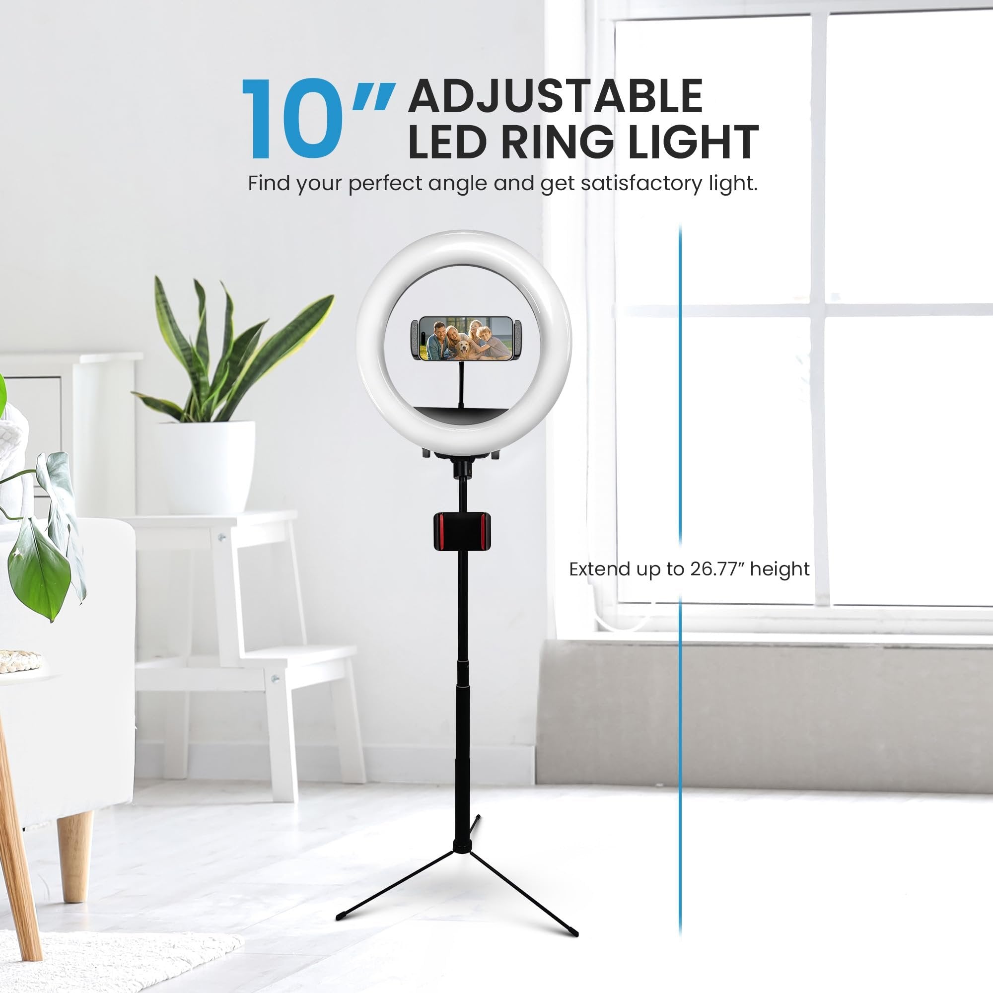 iDance LED Ring Light with Cell Phone Holder, 10", USB Powered with Bluetooth Remote Control and Foldable Adjustable Tripod Stand, Selfie, Makeup Ring Light with Universal iPad Mini Holder