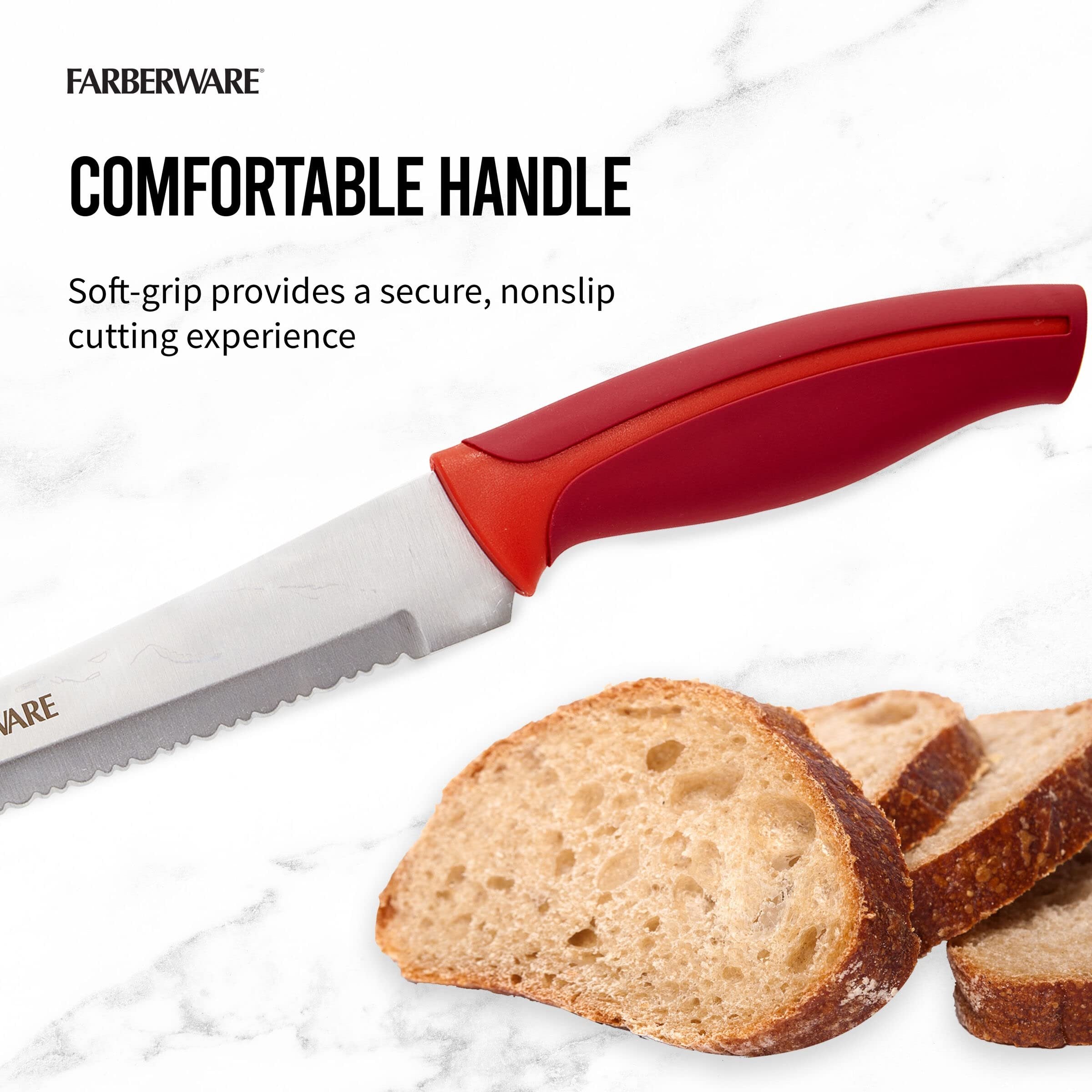 Farberware Slice Bread Knife Ultra-Sharp Serrated Blade, Ergonomic Soft-Grip Handle, Ideal for Precise Cutting, 8 inch, Maroon