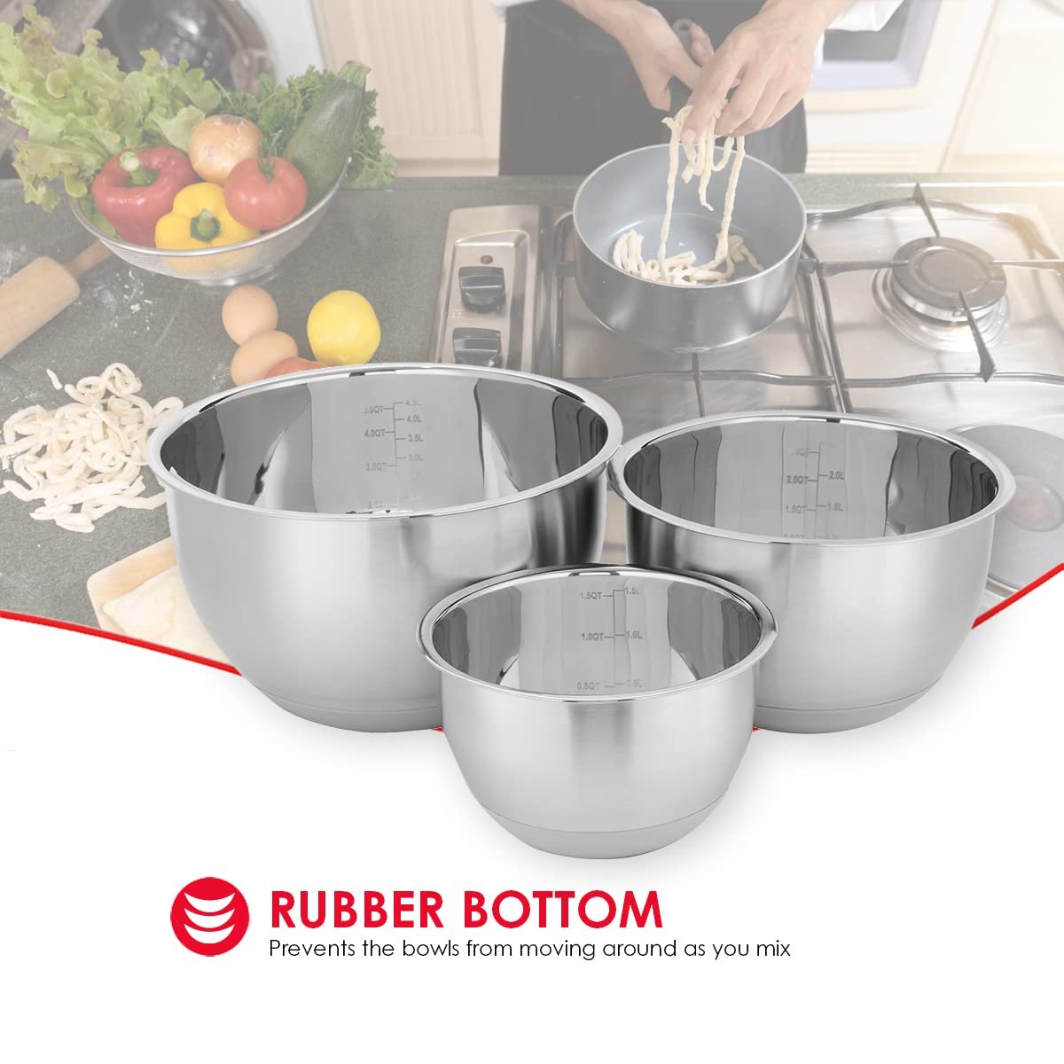 Home Basics 3 Piece Stainless Steel Nesting Mixing Bowls with Rubber Bottoms | Kitchen Essential | High Walls for Easy Mixing | Compact Storage