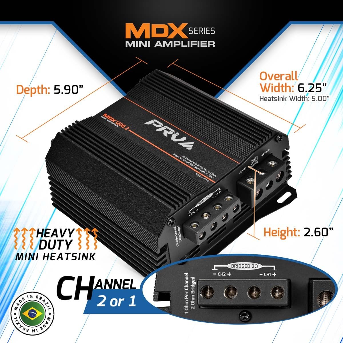PRV Audio MDX1200.2 1 Ohm Mini 2 Channel Car Audio Amplifier 2X 600 Watts RMS at 1 Ohm - Bridged 1CH 1200 Watt at 2 Ohm for Powersports, Motorcycles, ATV, for High Power Stereo Speaker Systems