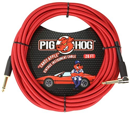Pig Hog PCH20CAR Instrument Cable Candy Apple Red 1/4' to 1/4' 20 ft.Right Angle Woven Outer Covering Gold Plated 1/4"-1/4" Right Angle Connectors