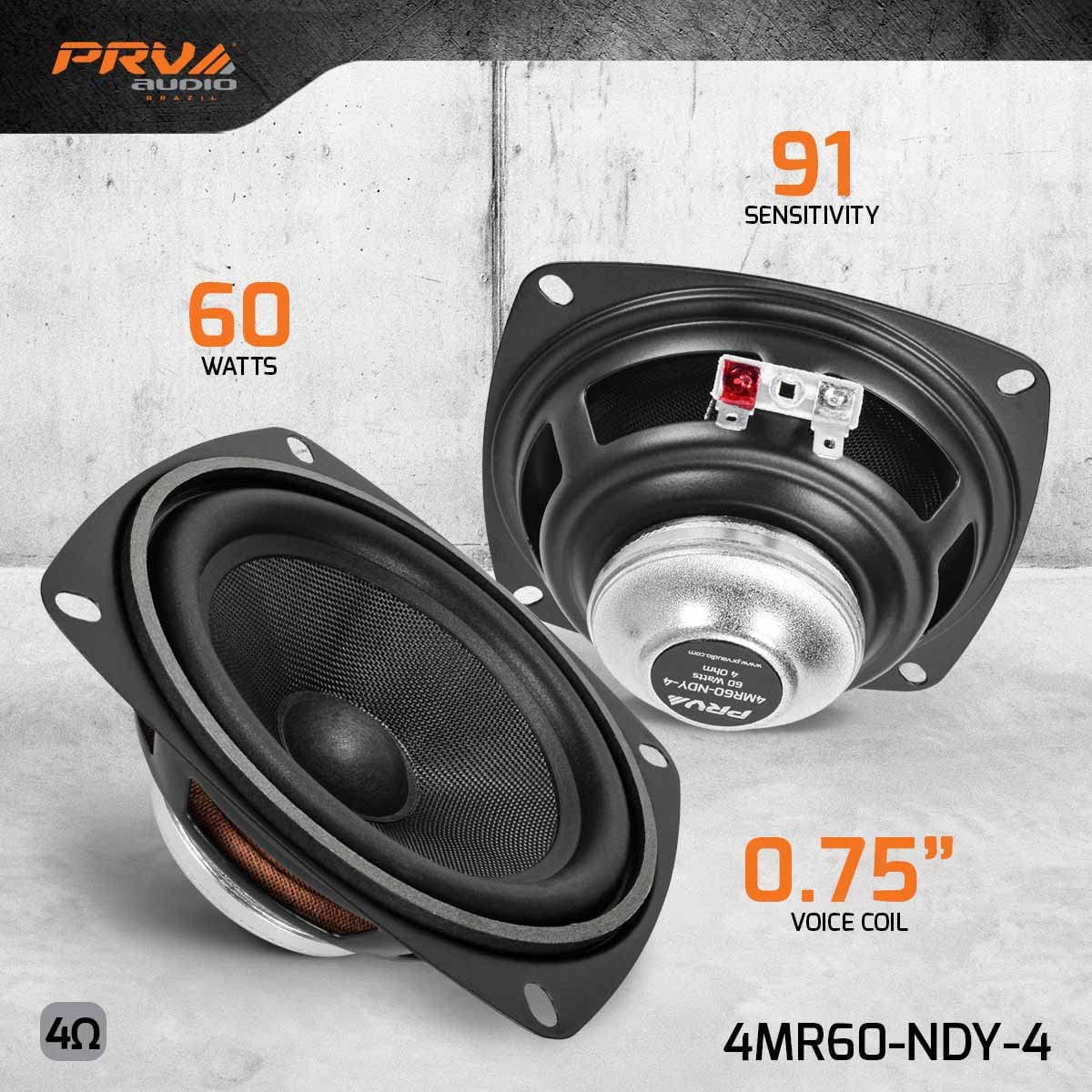 PRV Audio 4" Full-Range Neodymium Speaker 4MR60-NDY-4 PRO Audio Midrange - 60 Watts, 4 Ohm - Compact and Powerful Driver for Car Audio - Low Profile, High Fidelity Sound (Single)