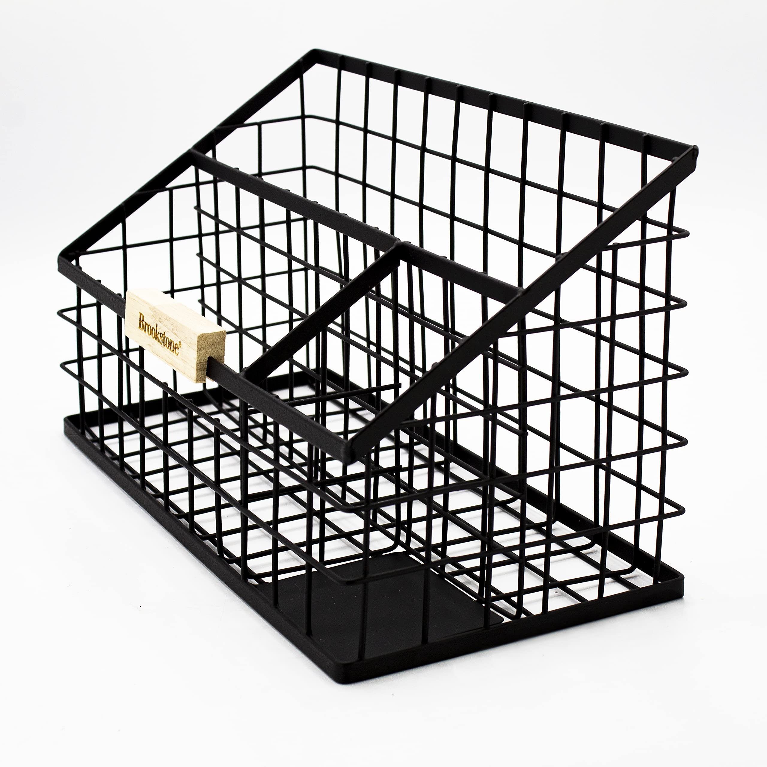 Brookstone BKH8002, Desk Organizer, Sectional Office Pen Caddy, Stockholm Desktop Collection, Black Finish Steel Pencil Holder