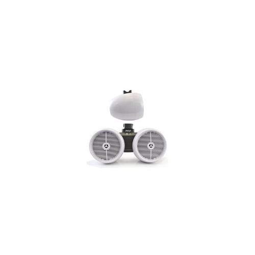 Pyle Marine Wakeboard Tower Speakers - Waterproof 6.5” Dual Subwoofer Speaker Set & 1.0” Tweeters, LED Lights and 400 Watt Power - 2-Way Boat Audio System w/Mounting Bracket-PLMRWB852LEW (White)
