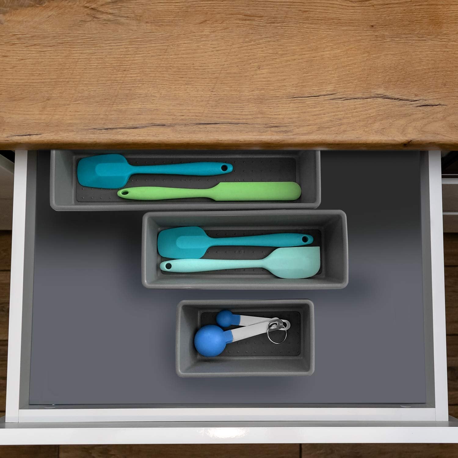 edge Tray Bins 3 Pack Multi Use Storage for Kitchen Darwers, Office and Bathroom Non-Slip Durable Rubber Lining, Charcoal - Small