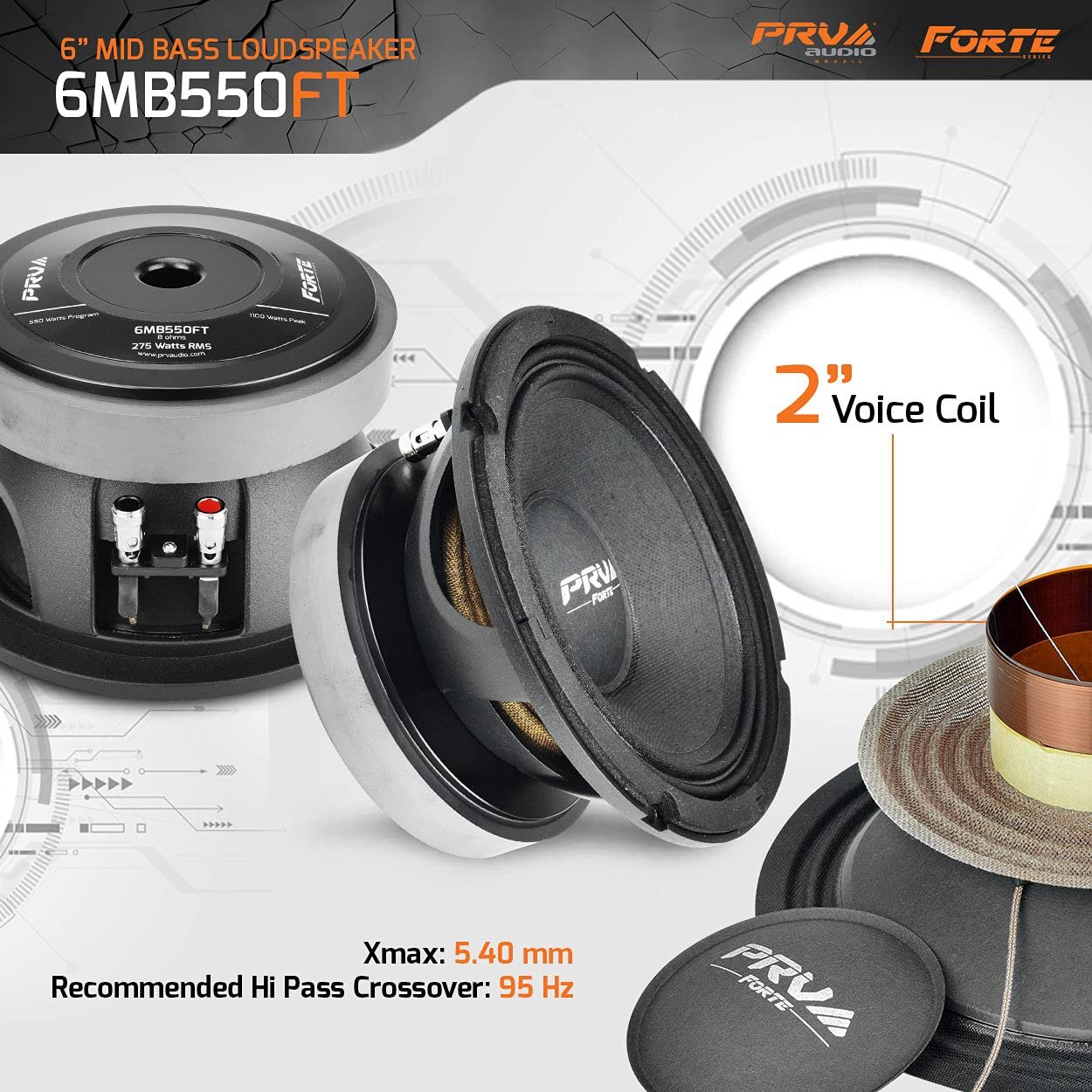 PRV AUDIO 6.5 Inch Midbass Speaker 6MB550FT 8 Ohm Loudspeaker with 550 Watts Program Power, 275 Watts RMS Power, Pro Audio Mid Bass Loudspeaker (Single)