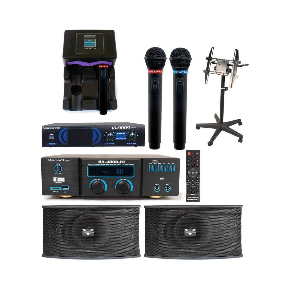 Pro Karaoke Package with Amplifier, Speakers, Dual Infrared Wireless Microphones, and TV Monitor Stand for Commercial or Home Karaoke Rooms