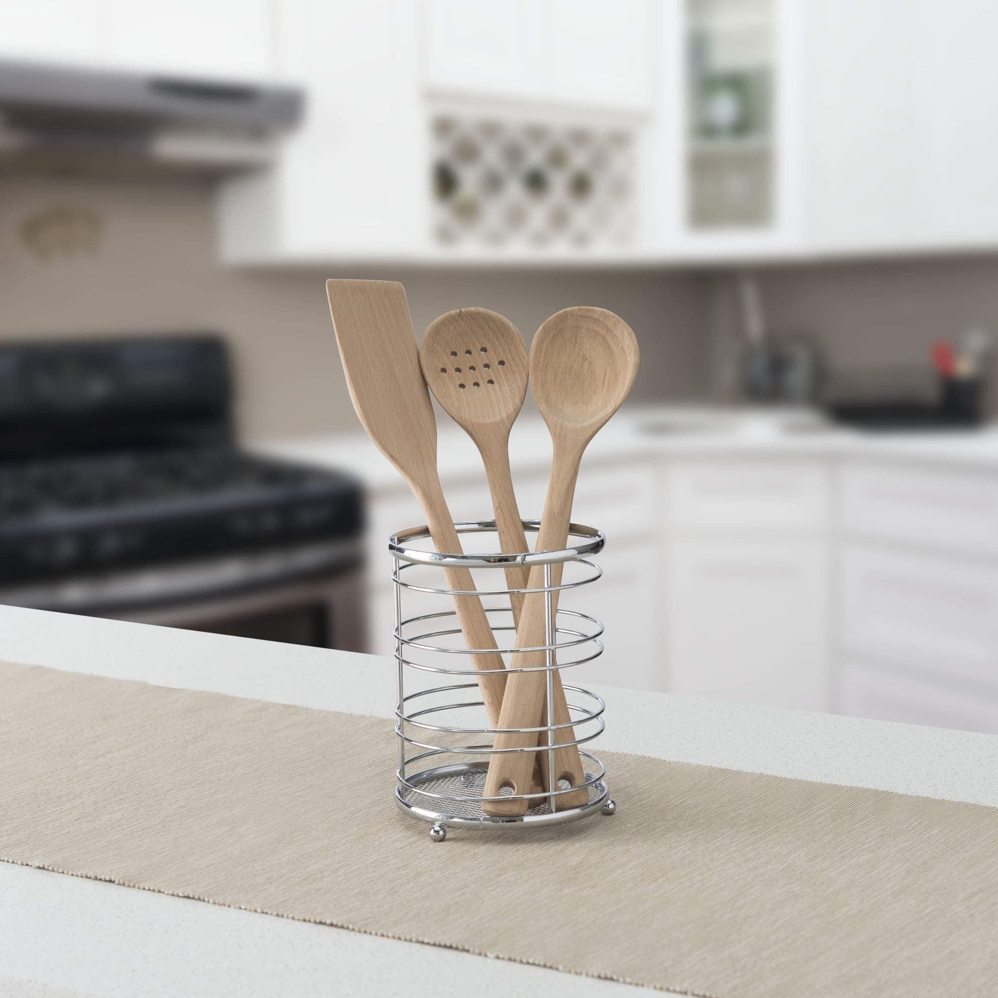 Home Basics Kitchen Utensil Holder for Kitchen Counter Chrome Plated Steel Utensil Crock | Utensil Storage Caddy Organizer for Cooking Spoons, Spatulas, Forks, Whisks, and More