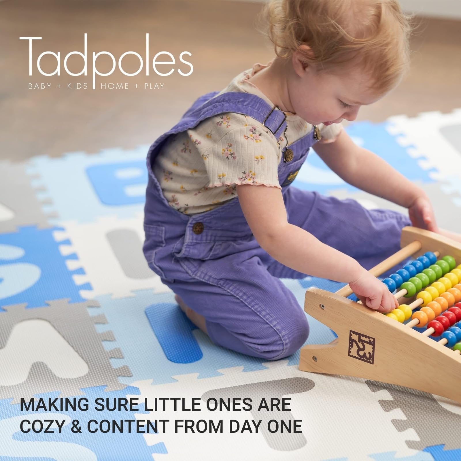 Tadpoles Foam Playmats for Kids, 36 Interlocking Tiles Teach the ABCs and Numbers 0-9, Total Floor Coverage 74” x 74” (36 Sq Ft), For Ages 3 and Up, Colors: Blue/Grey