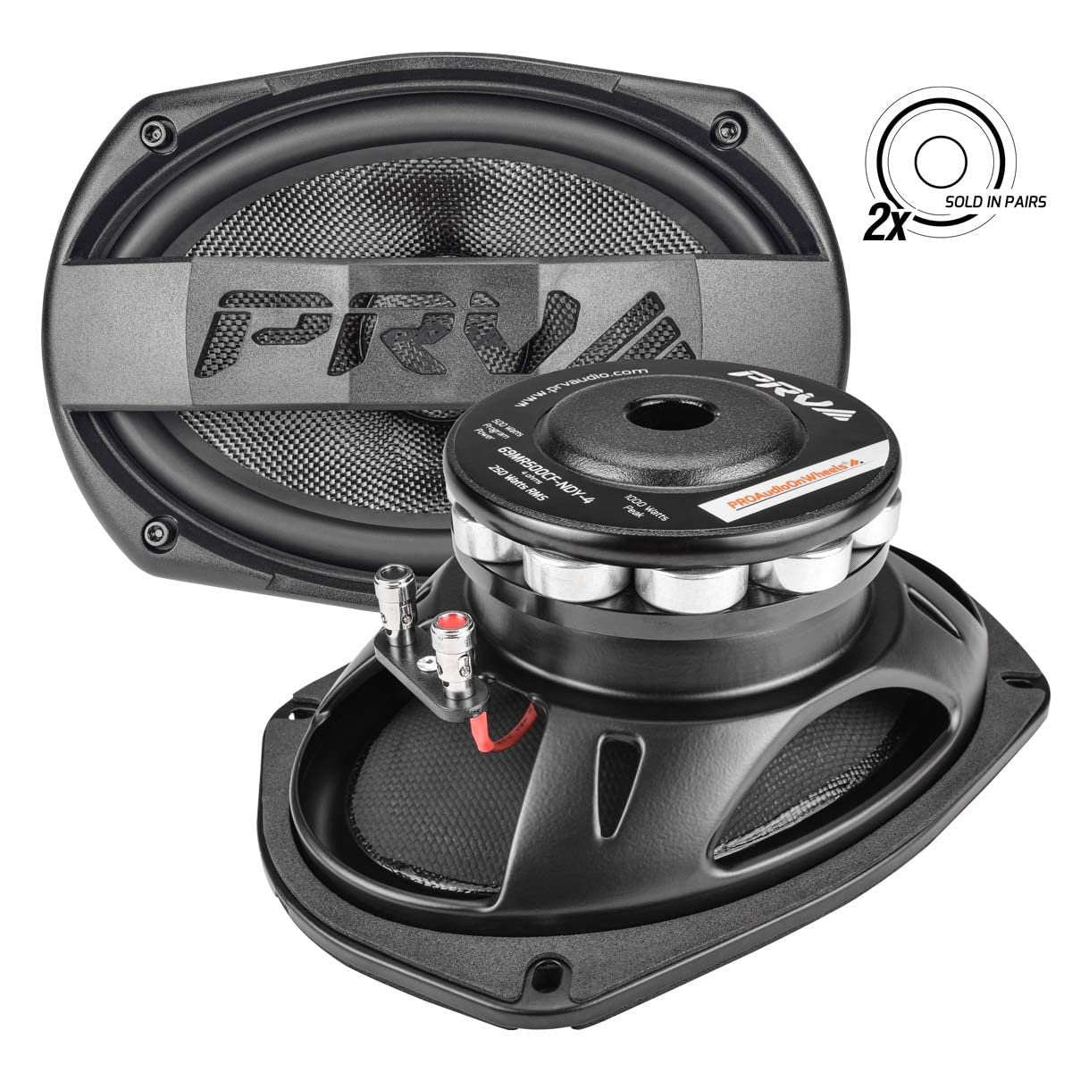 PRV AUDIO Carbon Fiber 6x9 Midrange Speaker 500 Watts 4 Ohm Neodymium 69MR500CF-NDY-4 Water Resistant Pro Audio Loudspeaker for Boat UTV 4-Wheeler Motorcycle (2 Speakers)