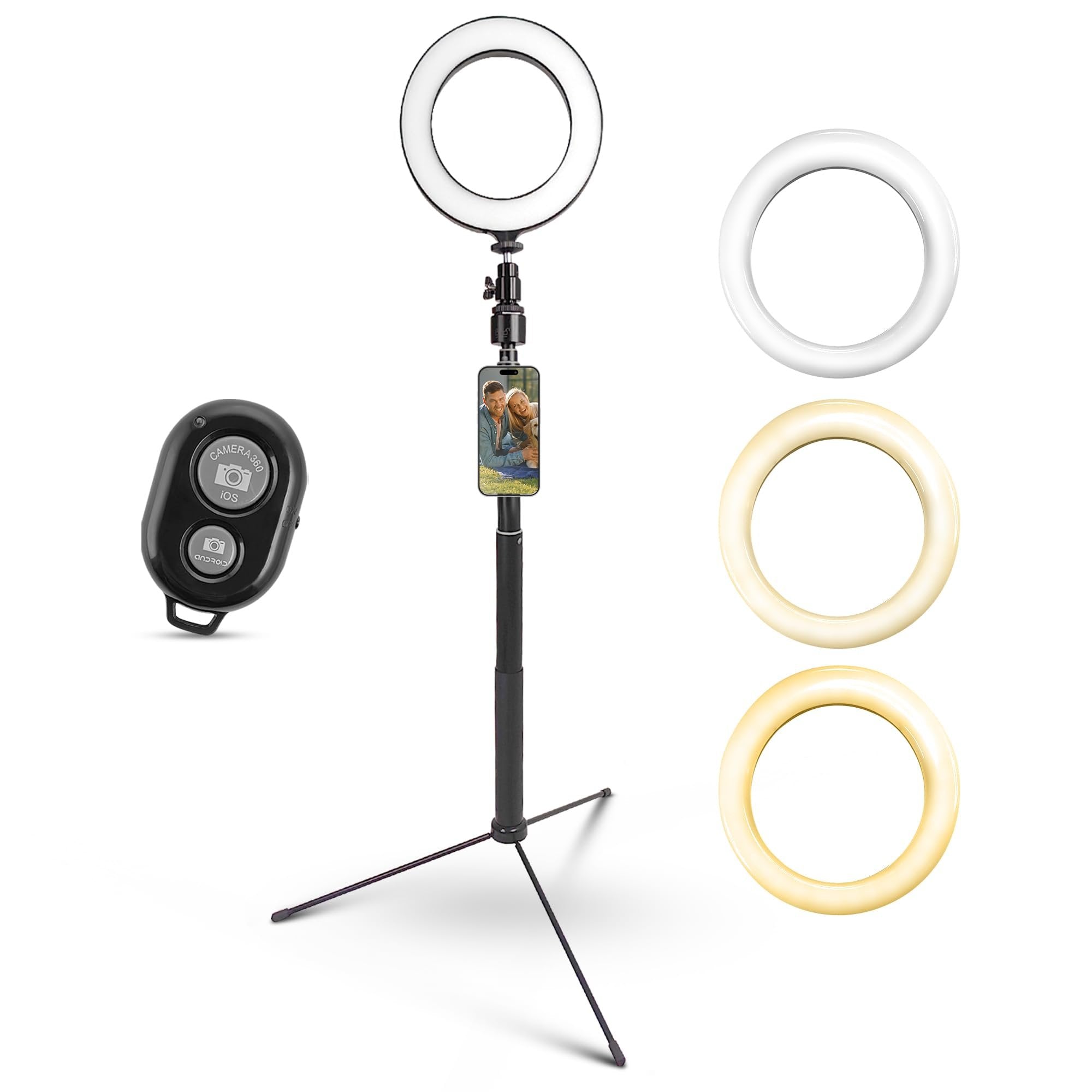 iDance LED Ring Light with Cell Phone Holder, 6", USB Powered with Bluetooth Remote Control and Foldable Adjustable Tripod Stand, Selfie, Makeup Ring Light