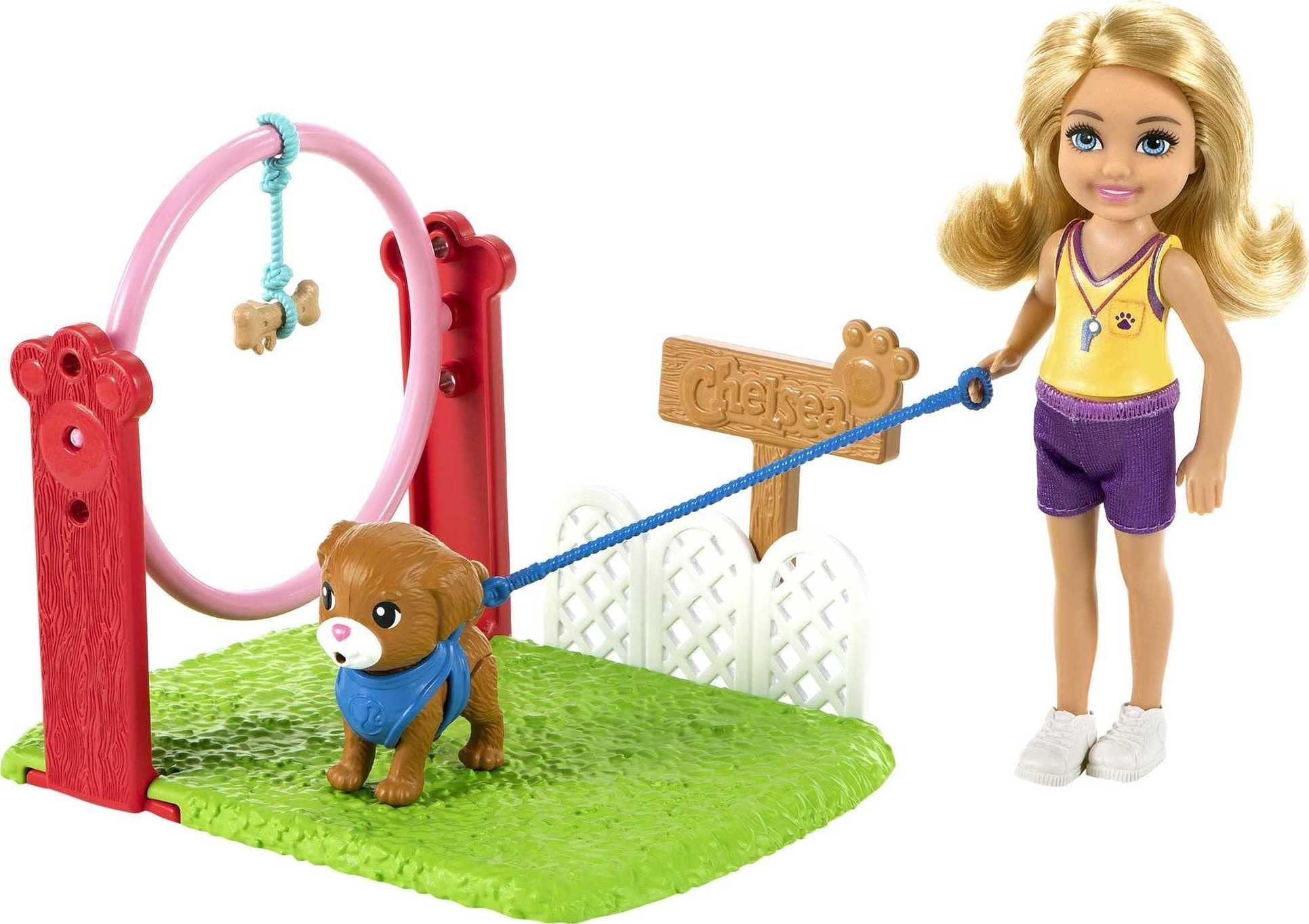 Barbie Chelsea Can Be Doll & Playset, Blonde Dog Trainer Small Doll with Dog & 10 Accessories, Including Leash, Jumping Hoop, Obstacle Cones & More
