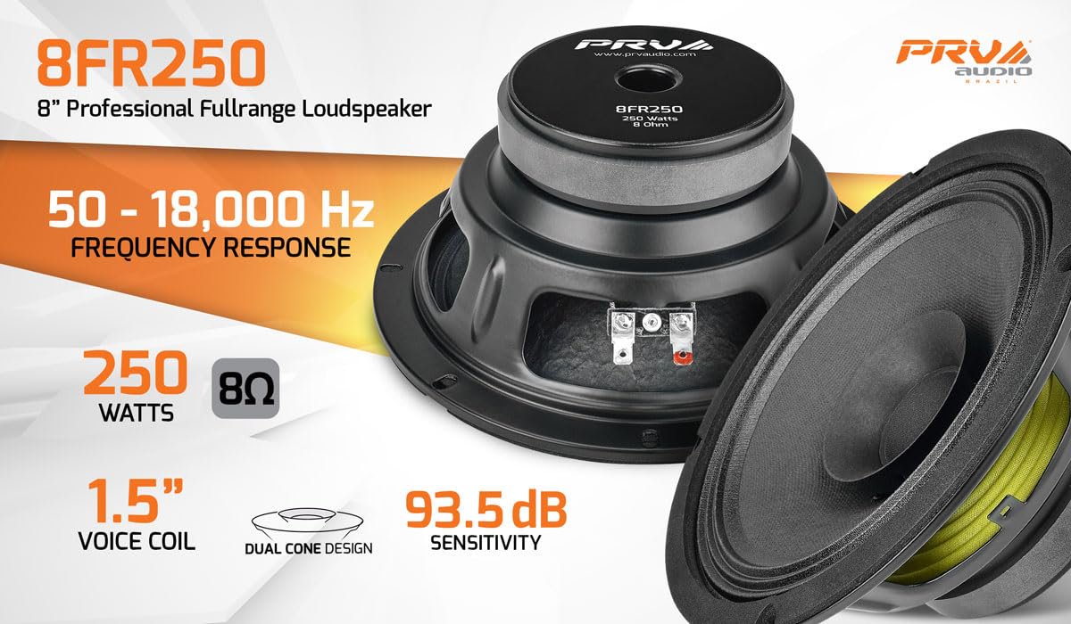 PRV AUDIO 8FR250 8 Inch Full Range Speaker, 8 Ohms, 250 Watts Continuous Program Power, 125 Watts RMS Power, 93.5 dB, Full-Range Driver Loudspeaker for Pro Audio Systems (Single)