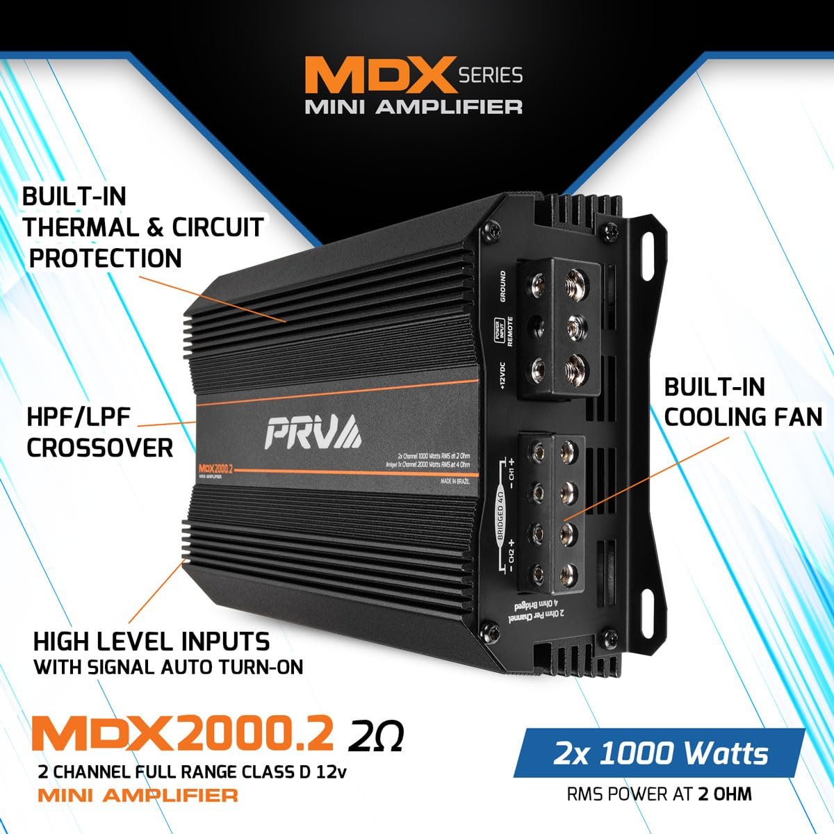 PRV Audio MDX2000.2 2 Ohm Mini 2 Channel Car Audio Amplifier 2X 1000 Watts RMS at 2 Ohm - Bridged 1CH 2000 Watt at 4 Ohm for Powersports, Motorcycles, ATV, for High Power Stereo Speaker Systems