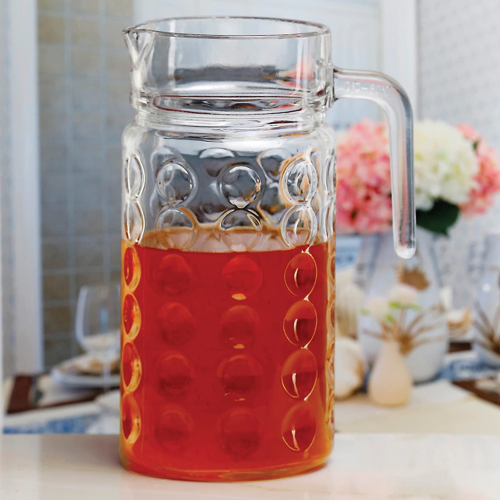 Circleware Coin Glass Beverage Drink Pitcher Dispenser with Lid and Handle, 57 ounce, Glassware for Water, Beer, Wine, Liquor, Iced Tea Punch & All Drinks