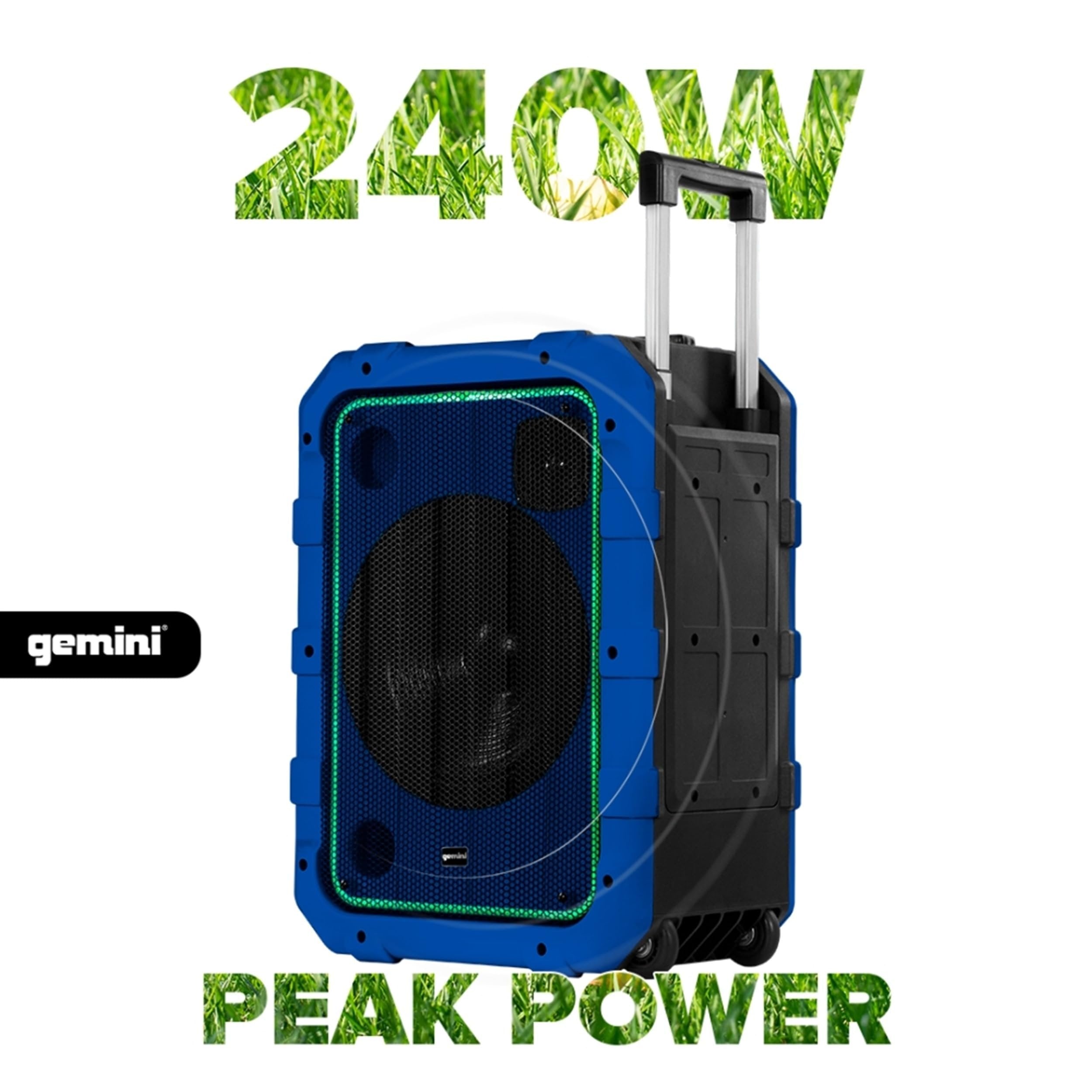 Gemini Sound MPA-2400 Blue 240W Wireless Portable Bluetooth Party Speaker, IPX4 Waterproof, LED Lights, 10” Woofer, Mic/Guitar Inputs, Trolley & Wheels - Perfect for Outdoor Beach Tailgate Parties