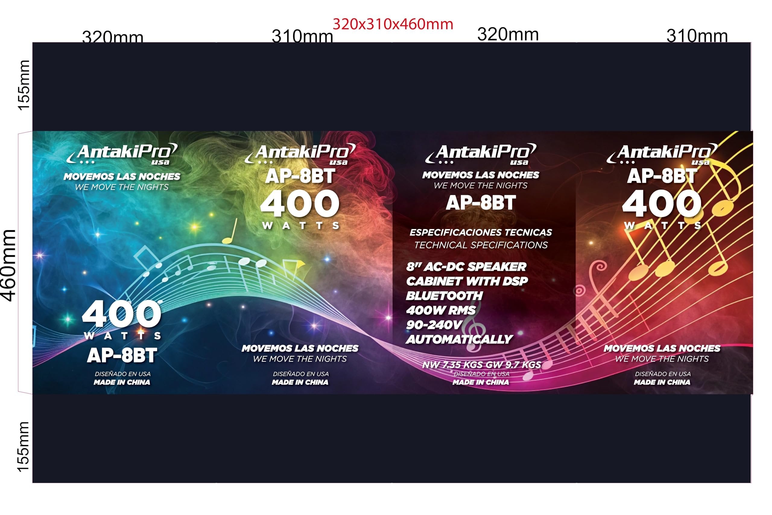 ANTAKIPRO AP-8BT 8-inch AC-DC Powered DJ PA Speaker Bluetooth System Cabinet with Digital Signal Processor 400 Watts Rms 90-240 Volts Automatic