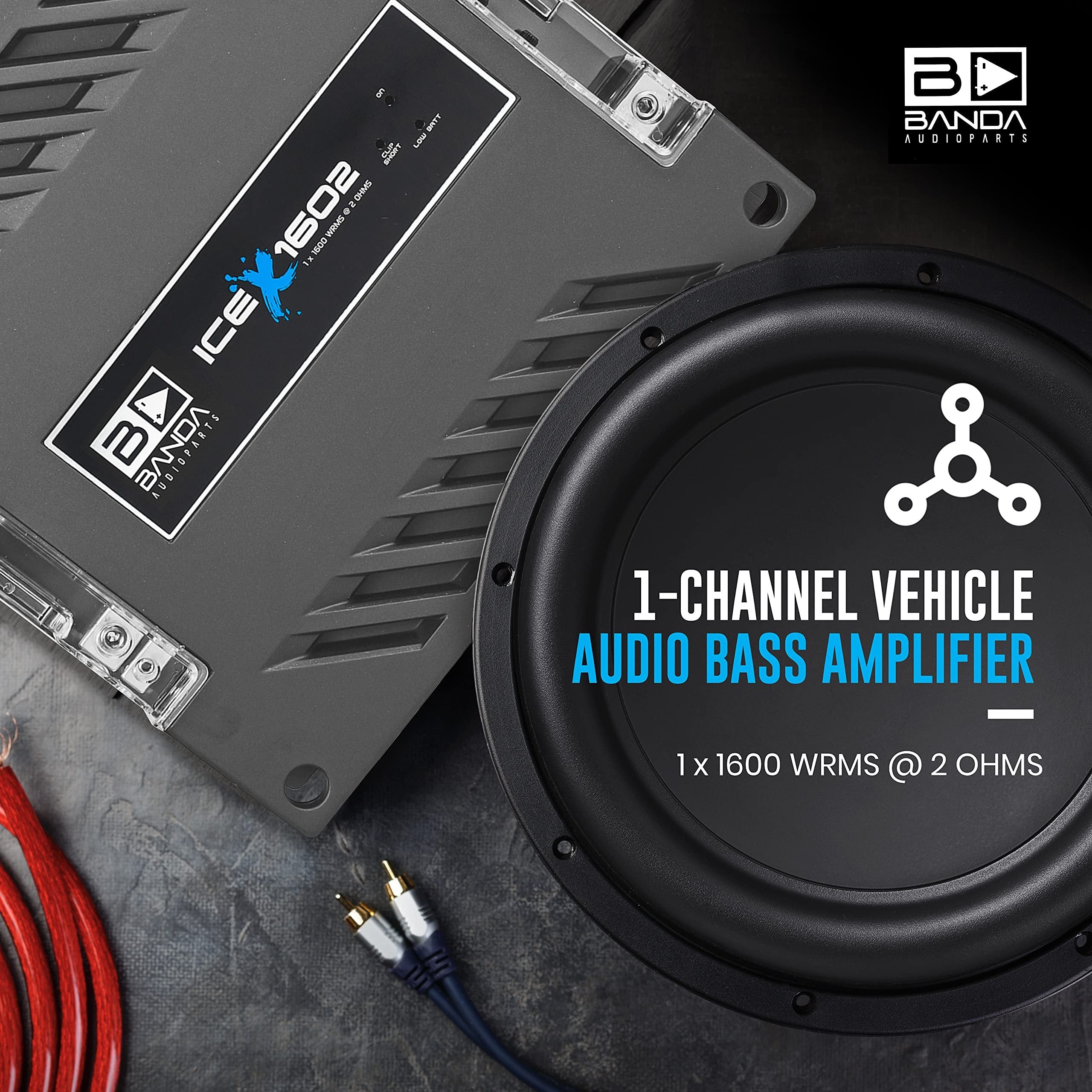 1-Channel Vehicle Audio Bass Amplifier - 1900 Watts High-Powered Mono Bass Amplifier w/Subsonic Filter and Low Pass Filter Stable at 2 ohms, LED Indicators, Sound Specialization - BANDA ICEX1602