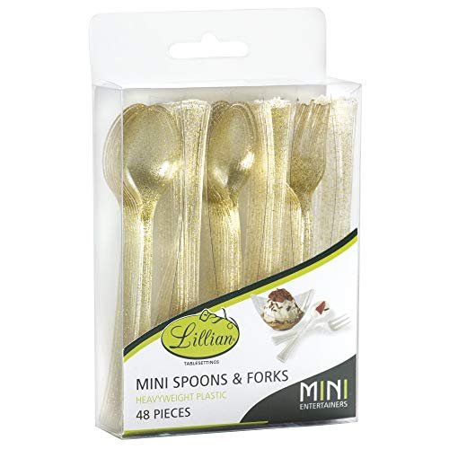 Lillian Collection Unique Mini Glitter Gold Premium Plastic Forks & Spoons - Packs of 48 - Perfect for Upscale Events & Parties