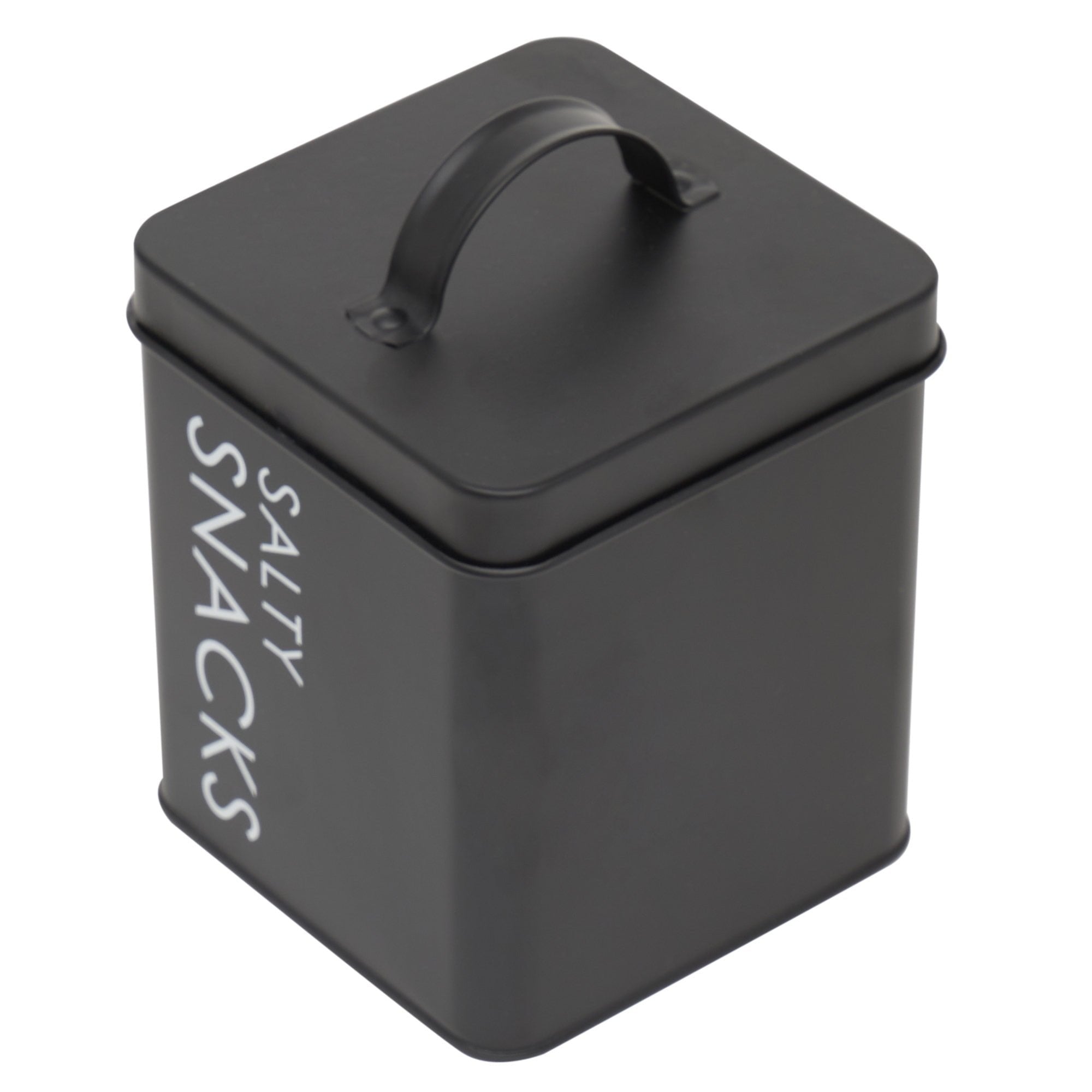 Home Basics Tin Canister, Salty Snacks, Small, Black, 4.5x4.5x5.5 Inches