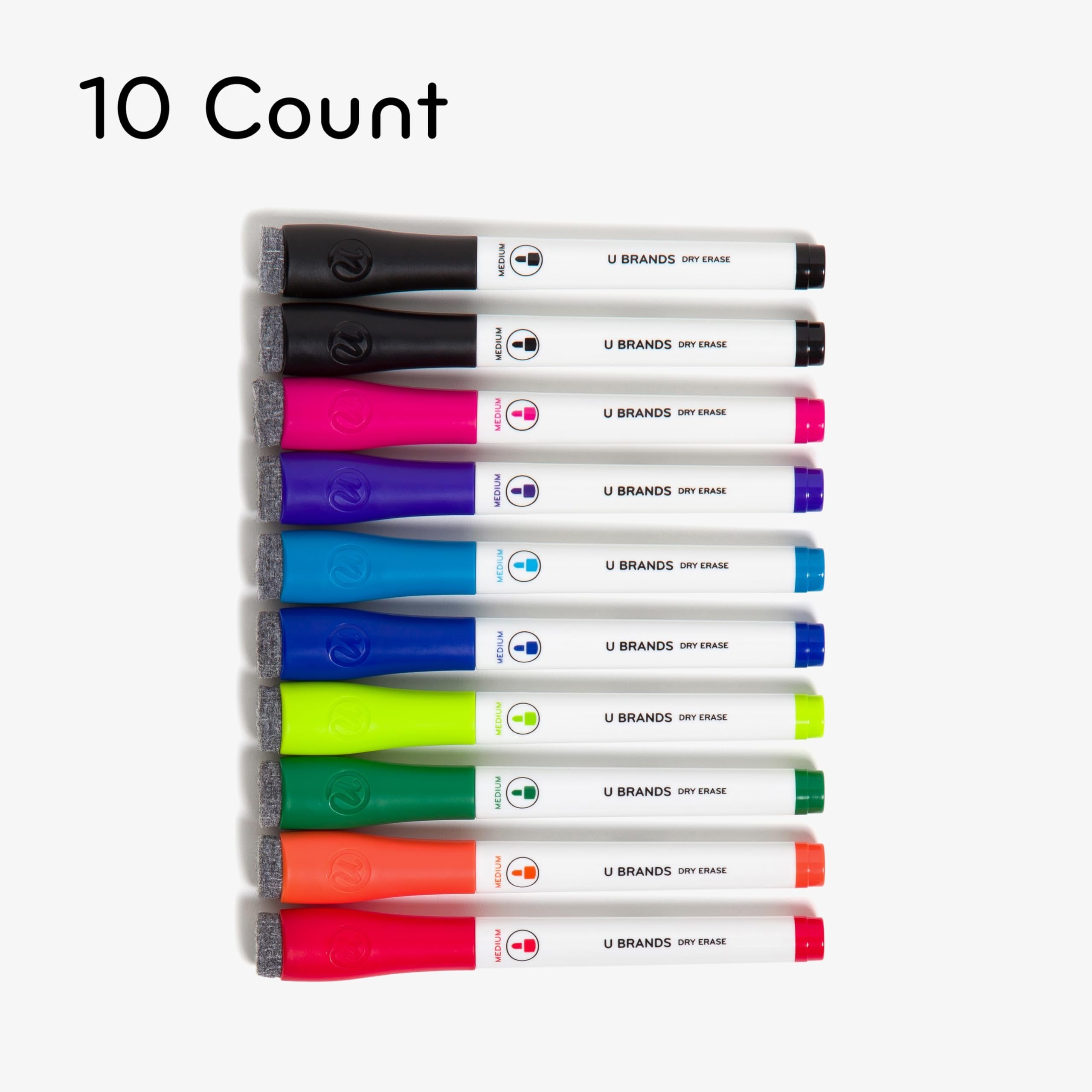 U Brands Low-Odor Dry Erase Markers With Erasers, Set of 10, Assorted Colors, Medium (2mm) Point