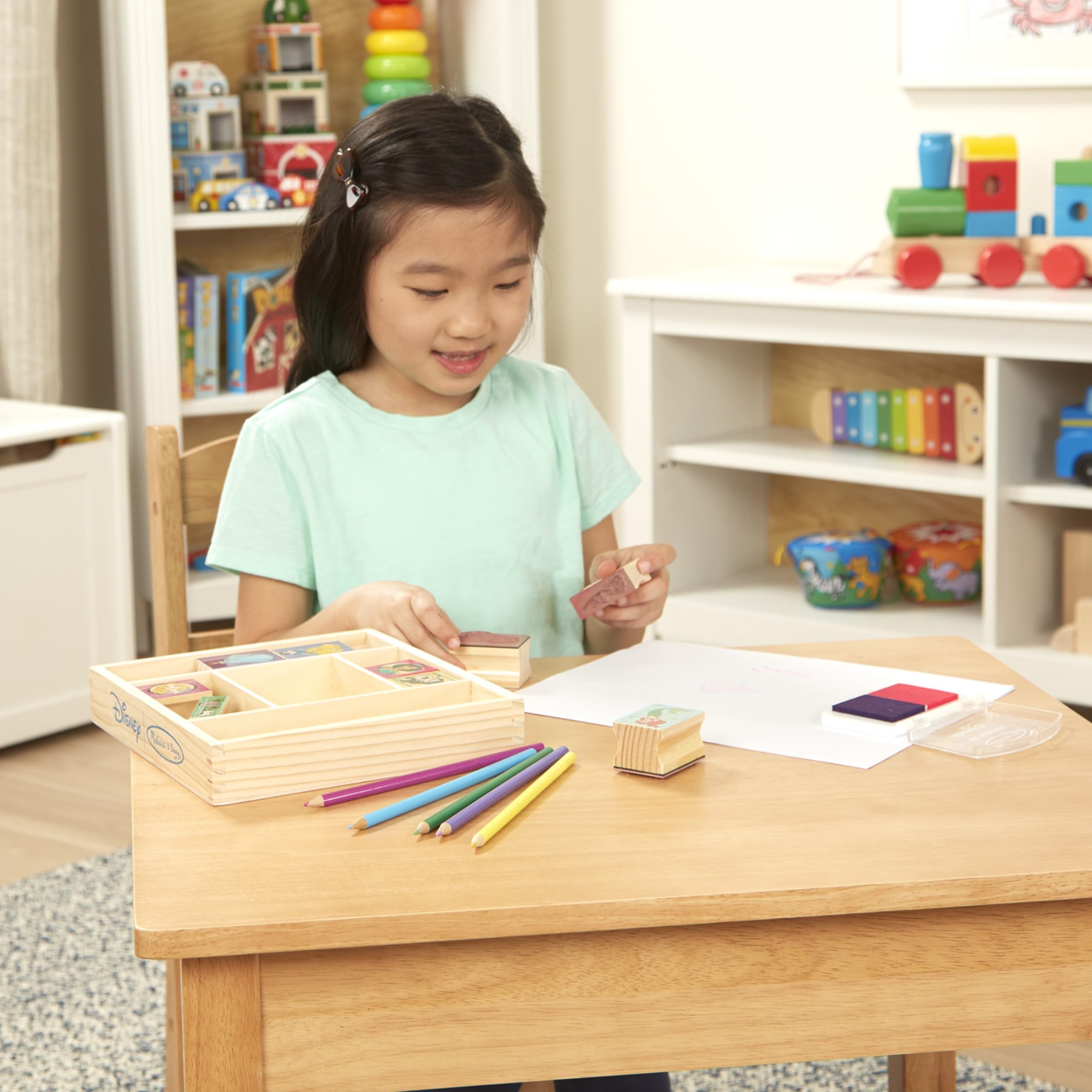 Melissa & Doug Disney Princess Wooden Stamp Set: 9 Stamps, 5 Colored Pencils, and 2-Color Stamp Pad