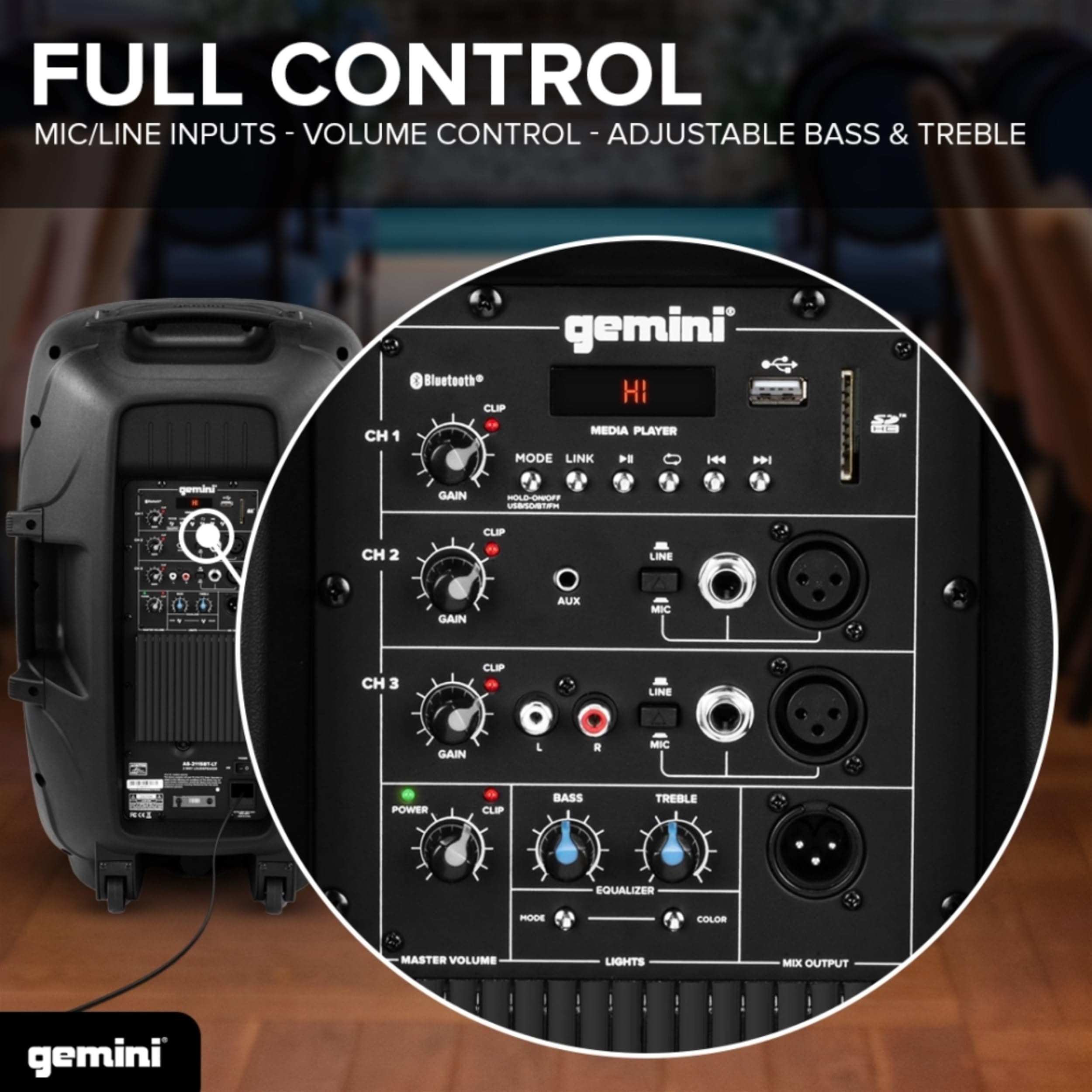 Gemini Sound AS-2115BT-LT-PK 2000 Watt LED LIT 15 Inch Woofer Professional Active Bluetooth DJ PA Speaker, Stand, Mic and Remote Set with Onboard 3-Channel. TWS Stereo Pairing/Linking Pro Fly Points