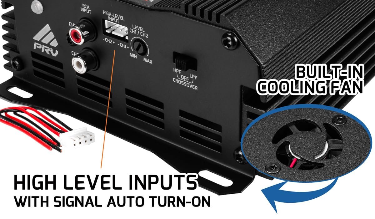 PRV Audio MDX2000.2 2 Ohm Mini 2 Channel Car Audio Amplifier 2X 1000 Watts RMS at 2 Ohm - Bridged 1CH 2000 Watt at 4 Ohm for Powersports, Motorcycles, ATV, for High Power Stereo Speaker Systems