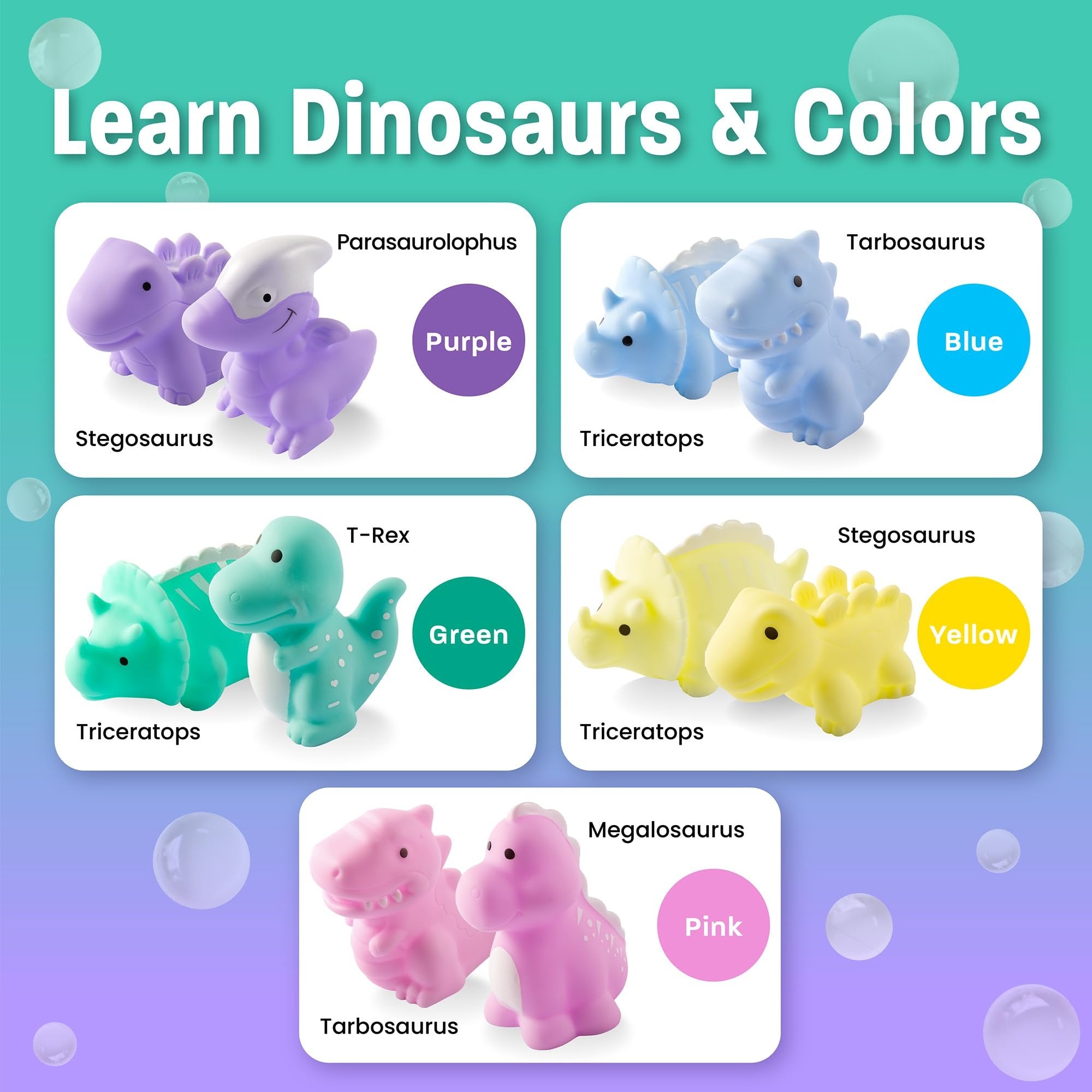 Maplefield 12-Pack No Hole Dinosaur Bath Toys for Kids 2-4 Easy-to-Clean - Cute Pastel Color - Makes Bath Time Enjoyable - Helps Develop Motor Skills - 5 Different Species