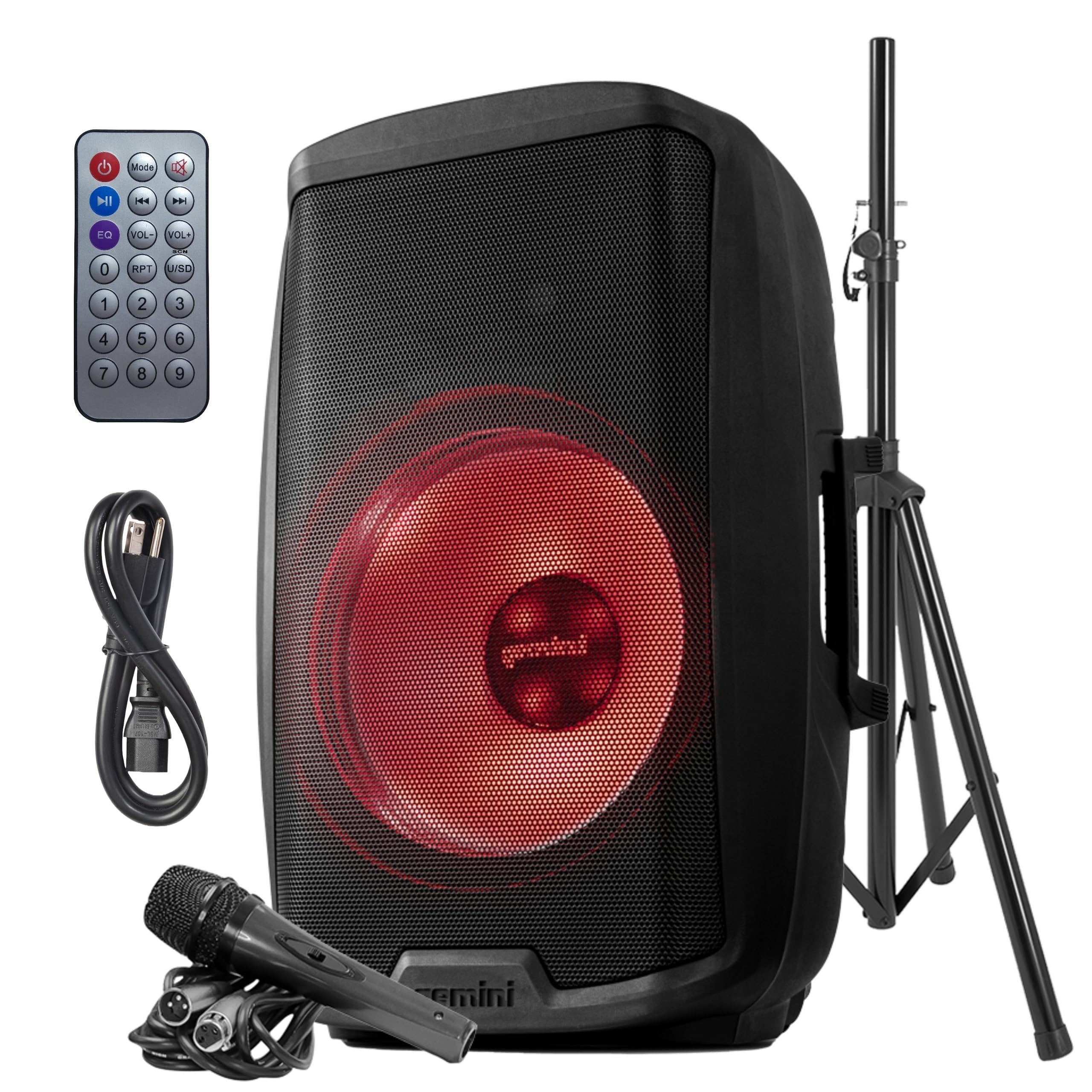 Gemini Sound AS-2115BT-LT-PK 2000 Watt LED LIT 15 Inch Woofer Professional Active Bluetooth DJ PA Speaker, Stand, Mic and Remote Set with Onboard 3-Channel. TWS Stereo Pairing/Linking Pro Fly Points