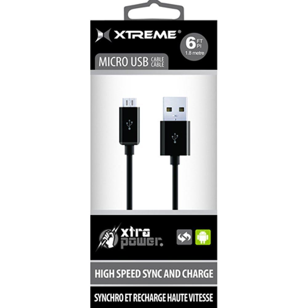 Xtreme 6-Feet USB Micro-B to USB-A Cable - Retail Packaging - Black