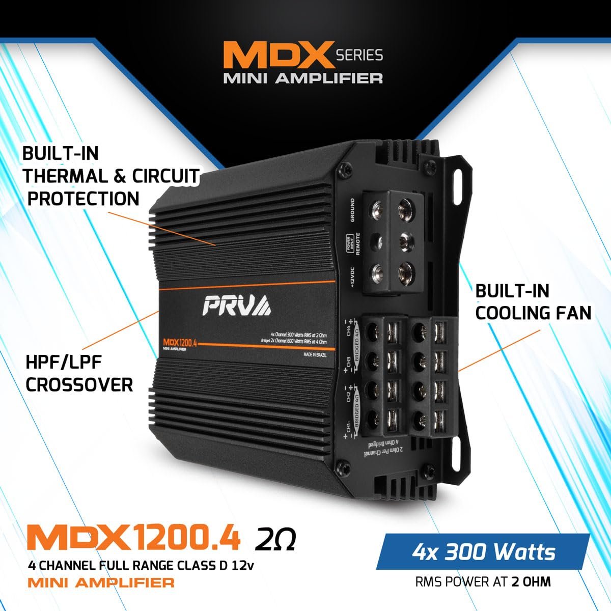 PRV Audio MDX1200.4 2 Ohm Mini 4 Channel Car Audio Amplifier 4 x 300 Watts RMS at 2 Ohm - 1200 Watt 12 Volts Bridgeable Amp for Powersports, Motorcycles, ATV, for High Power Stereo Speaker Systems