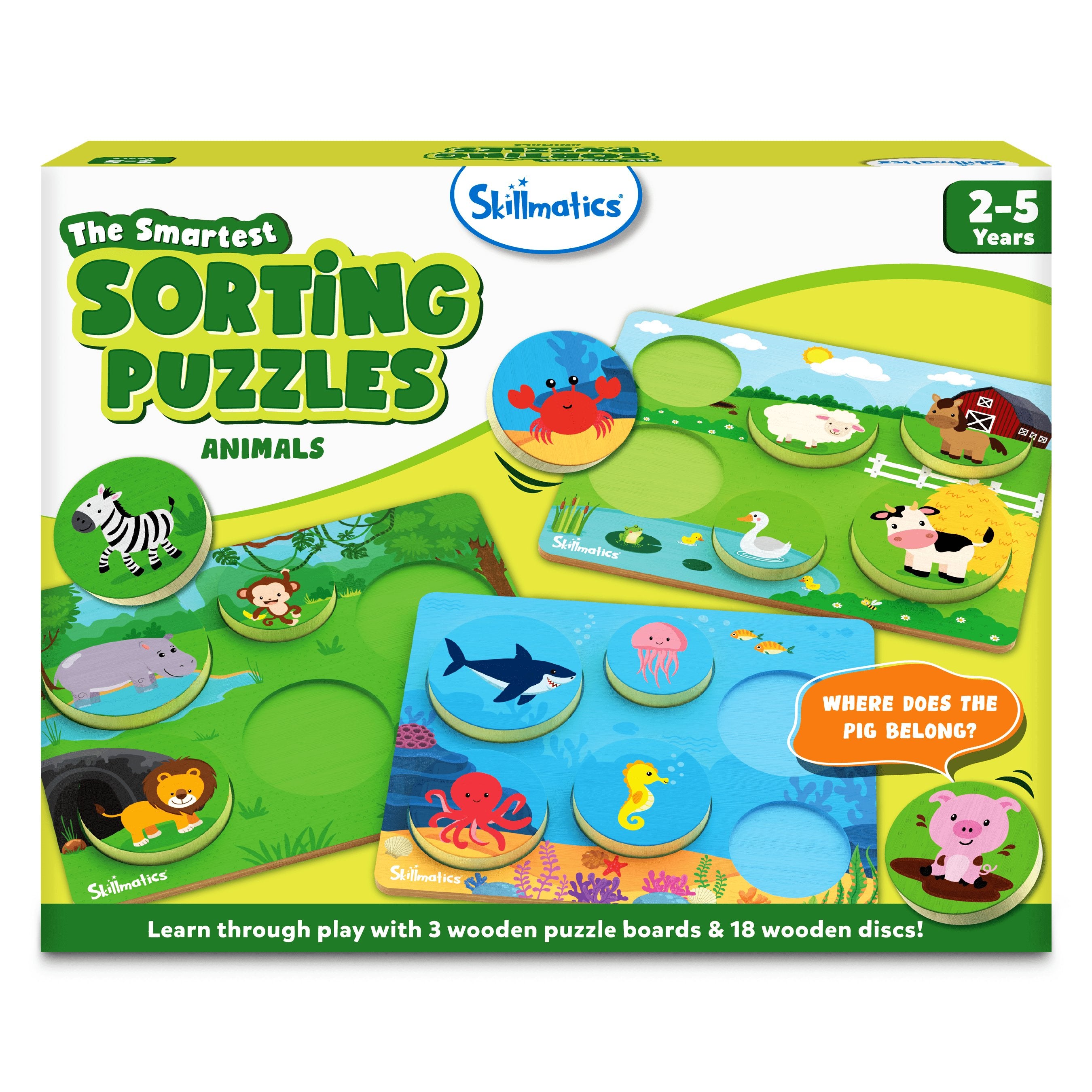 Skillmatics Wooden Sorting Puzzles - 3-in-1 Learning Toy, Animal Puzzles for Toddlers Ages 2 to 5