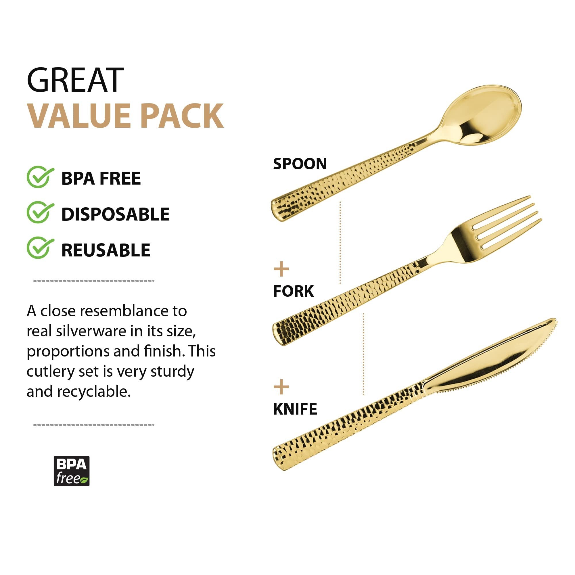 Plastic Cutlery Silverware Extra Heavyweight Disposable Flatware, Full Size Cutlery Combo, Gold Pebbled, 80 Forks, 40 Spoons, 40 Knifes, Value Pack 160 Count