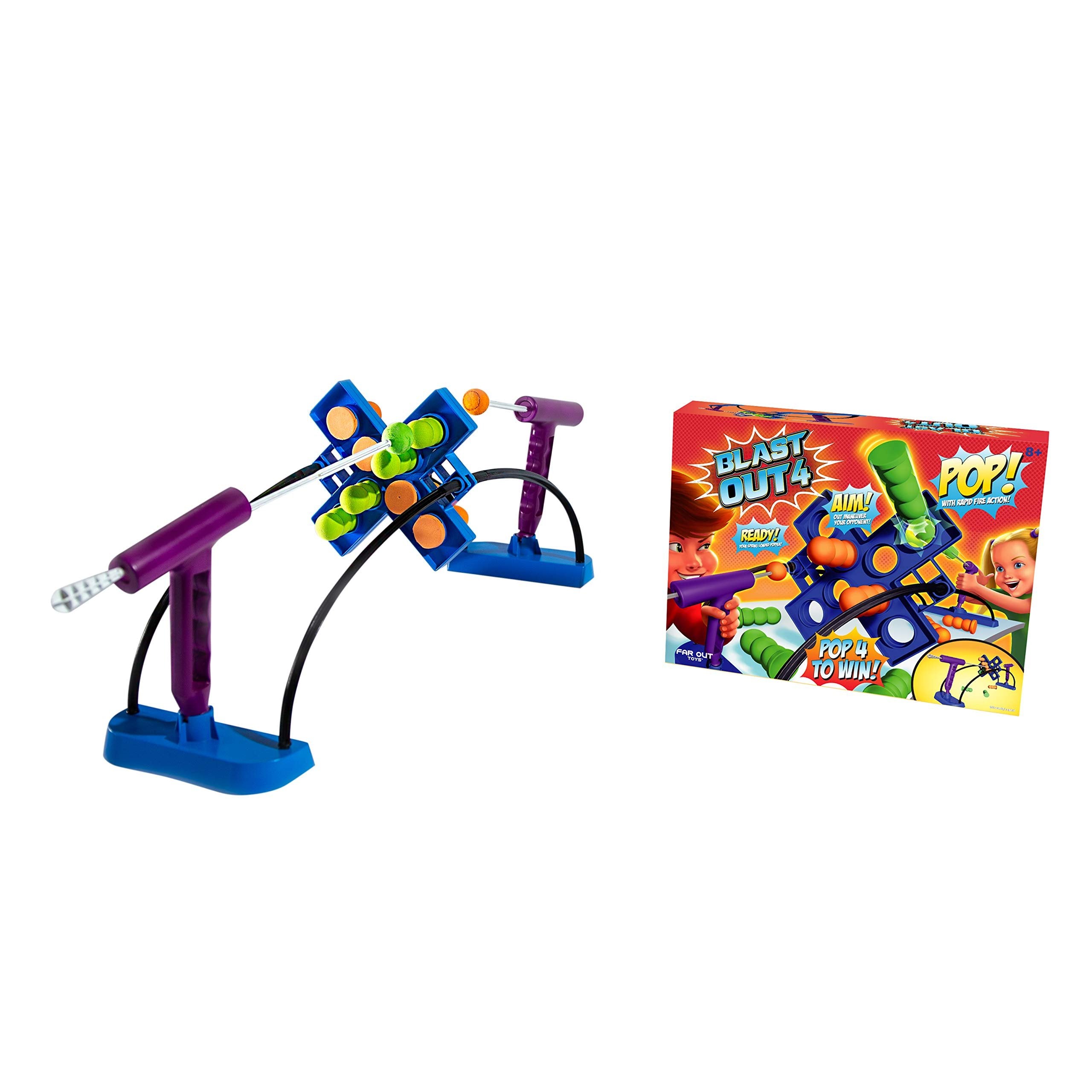 Far Out Toys Blast Out 4 Game, High-Intensity, Hand-Eye Coordination Action Game, Pop Pegs Out with Spring-Loaded Blaster Before Your Opponent, Play Offense and Defense, for Ages 8+