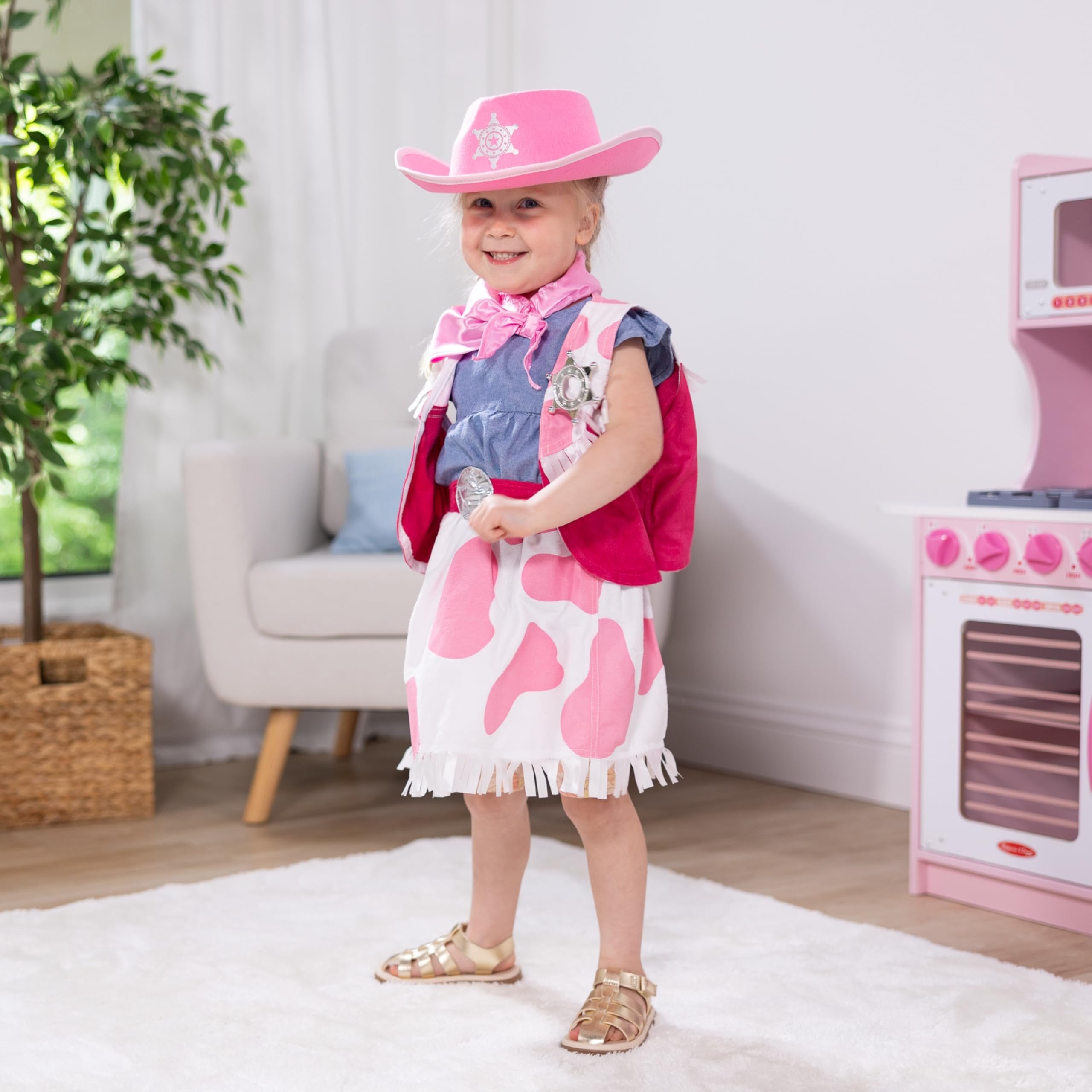 Melissa & Doug Cowgirl Role Play Costume Set (5pcs) - Skirt, Hat, Vest, Badge, Scarf Pink, Child 3-6
