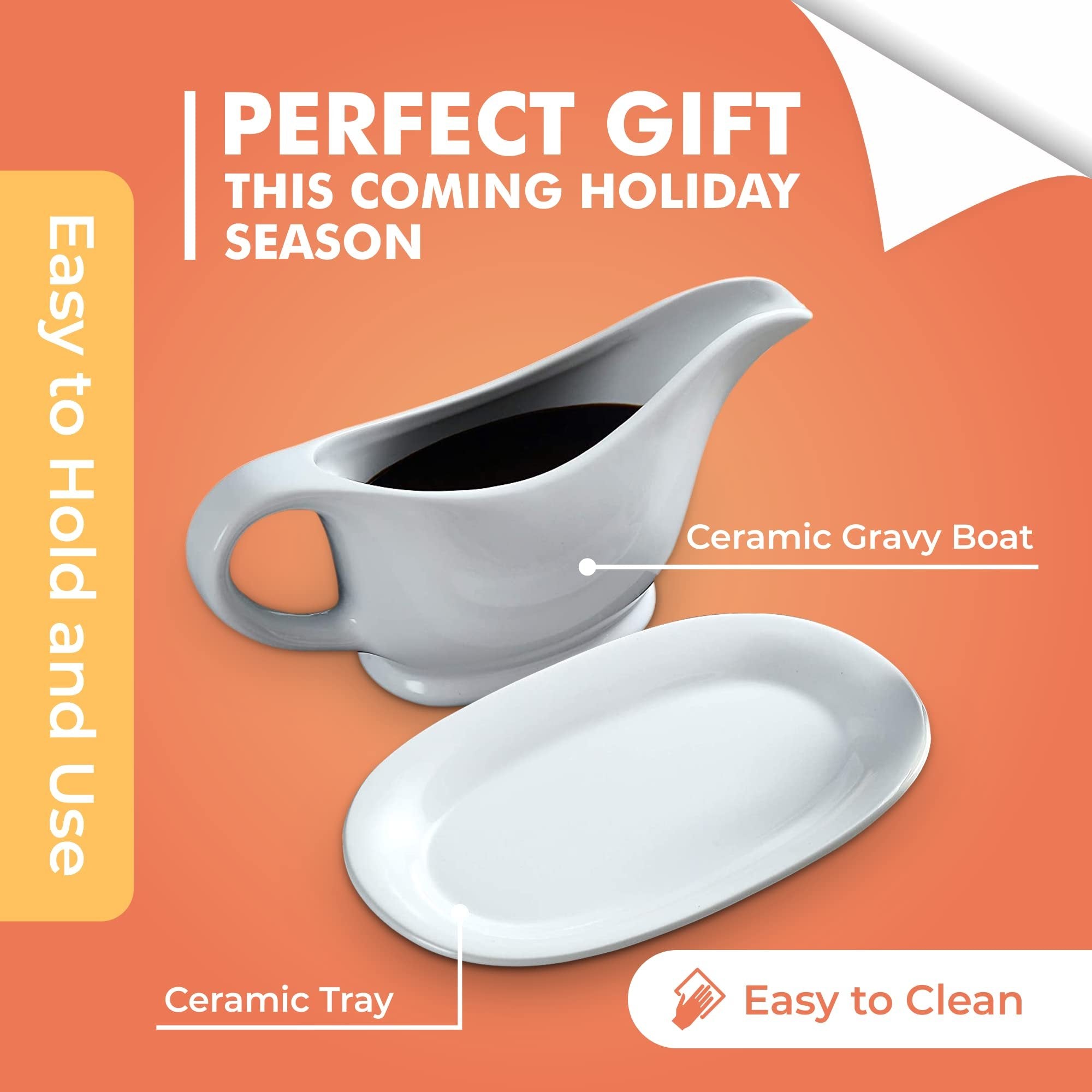 Bruntmor 11 Oz White Ceramic Gravy Boat With Tray, 11 Ounce Small Ceramic Serving Dish, Dispenser with Tray For Sauces, Gravy Boats With Saucer For Dinner