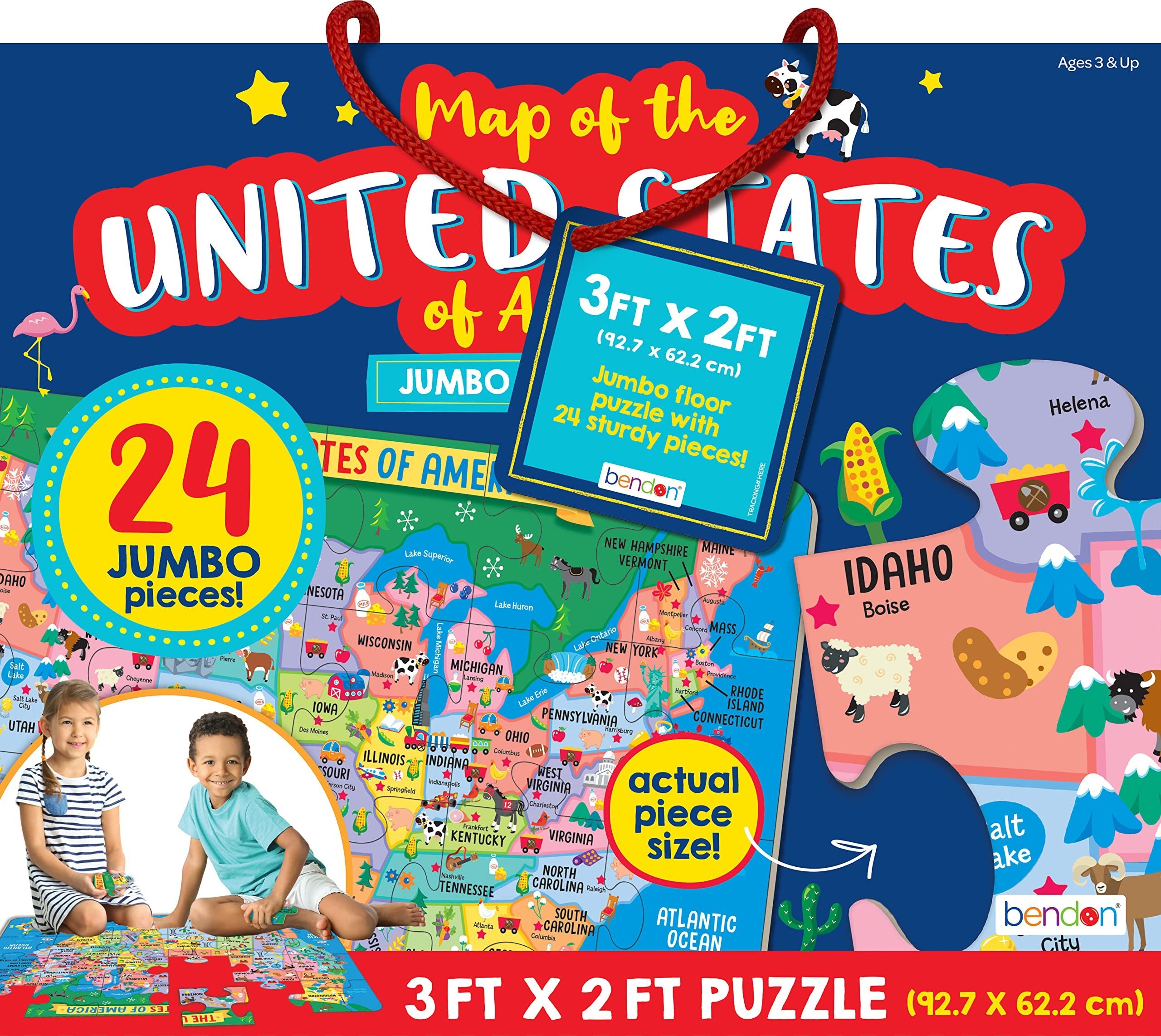 Bendon United States of America Map Jumbo Jigsaw Floor Puzzle (24 pcs, 3 x 2 feet Long) - Kids Map Puzzles, Large Floor Puzzles for Preschoolers and Kids Ages 3+