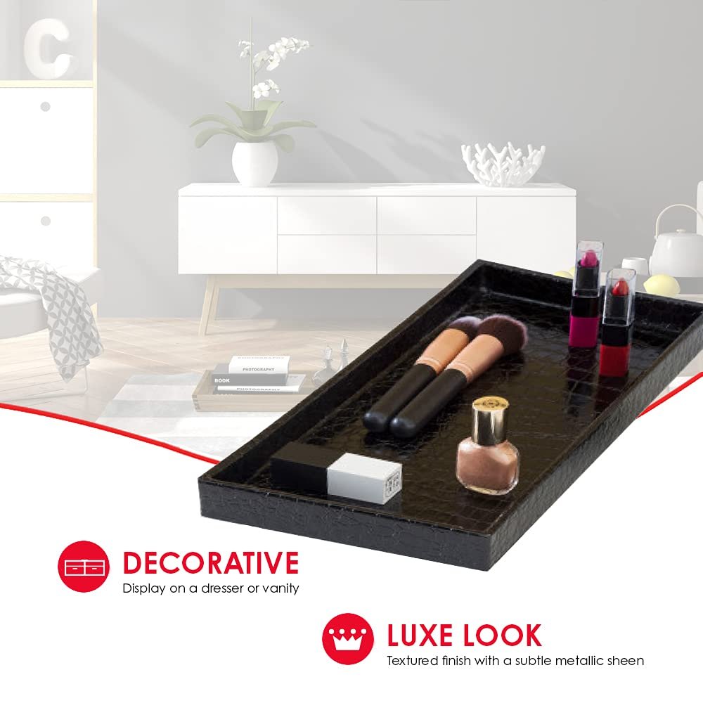 Home Basics Vanity Tray for Makeup, Jewelry, Perfume, Cosmetics Storage, Bathroom Organizer (Horizontal, Crocodile Black)