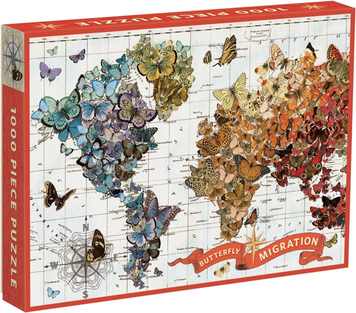 Galison Wendy Gold Butterfly Migration 1000 Piece Jigsaw Puzzle for Adults and Families, Vibrant Illustrated World Map Puzzle with Butterflies as Continents