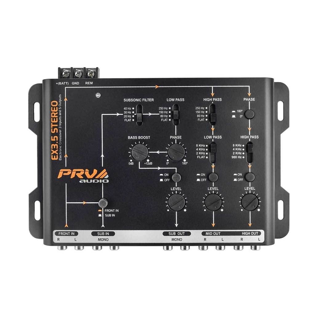 PRV AUDIO Crossover Car Audio EX3.5 Stereo 3 Way or 2 Way Electronic Crossover 9 Volts, 4 in 6 Out RCA Channels Car Sound Processor