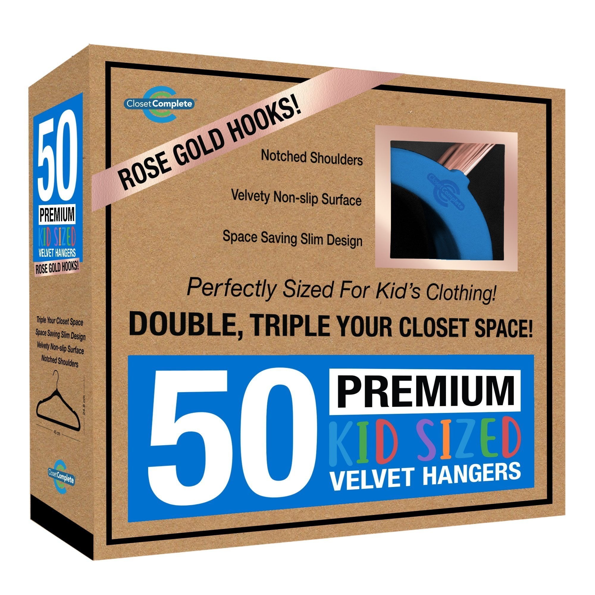 Closet Complete Kids Size, Premium Heavyweight, Virtually-UNBREAKABLE, Velvet Hangers, Ultra-Thin, Space Saving, No-Slip, Best Size For Kids 4-15 years, 360 Spin, Rose Gold Hooks, Blue, Set of 50