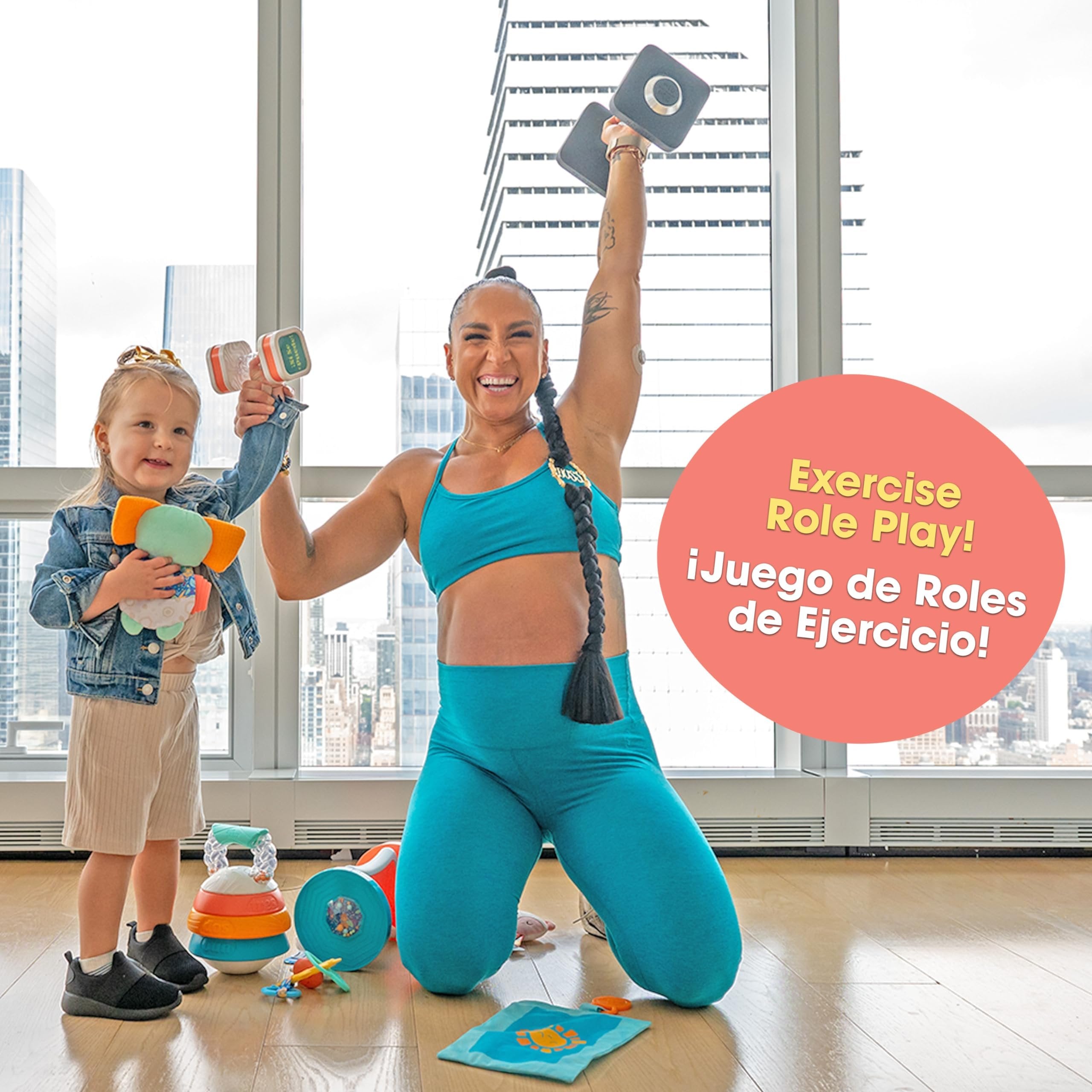 BEBE FUERTE Twist & Shake Dumbbell by Robin Arzon - Bilingual Toddler Sensory Toys - Baby Workout Toys - Baby and Toddler Gifts for Ages 3 Months and Up